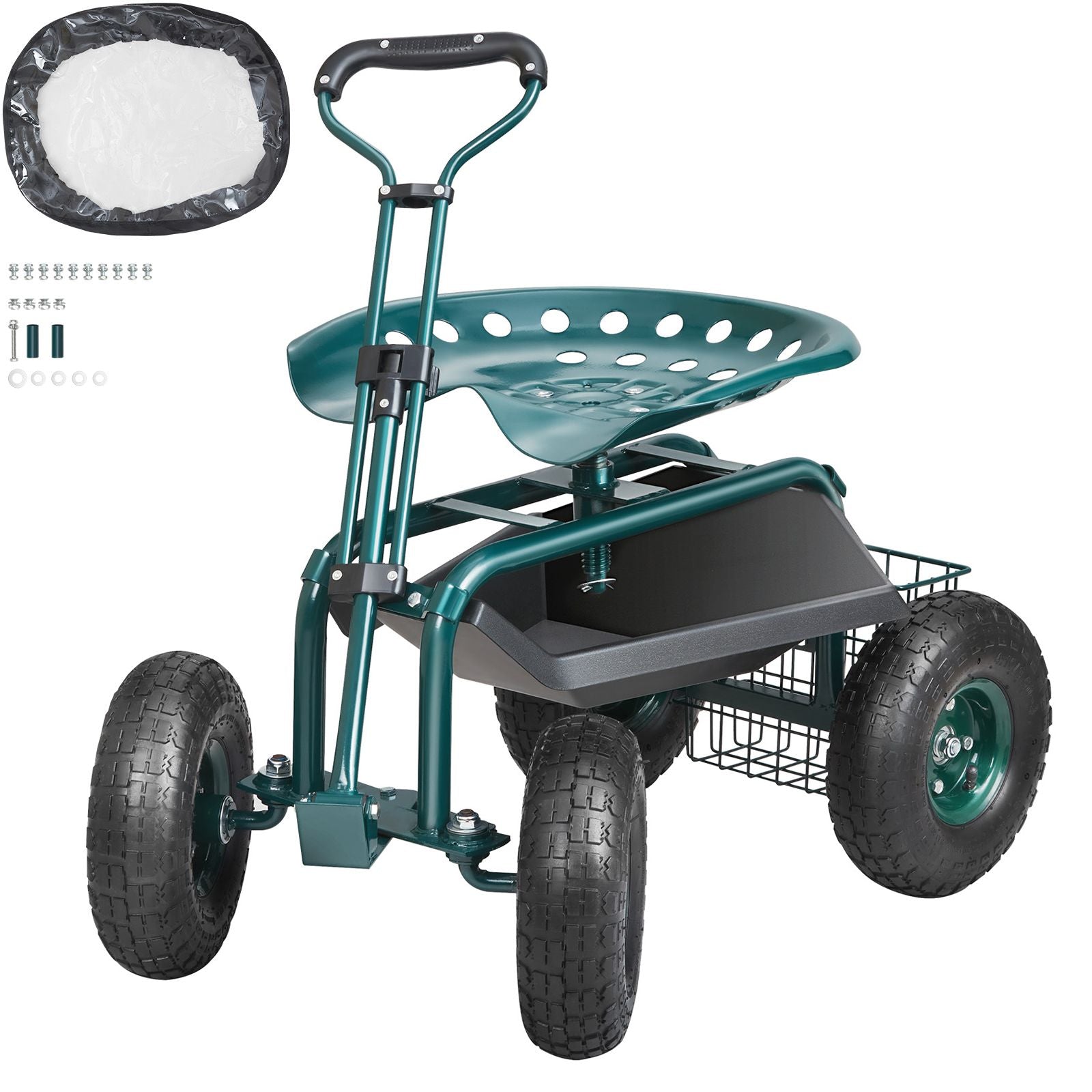 Garden Cart Rolling Workseat with Wheels, Gardening Stool for Planting, 360 Degree Swivel Seat, Wagon Scooter with Steering Handle & Utility Tool Tray, Use for Patio, Yard, and Outdoors, Green