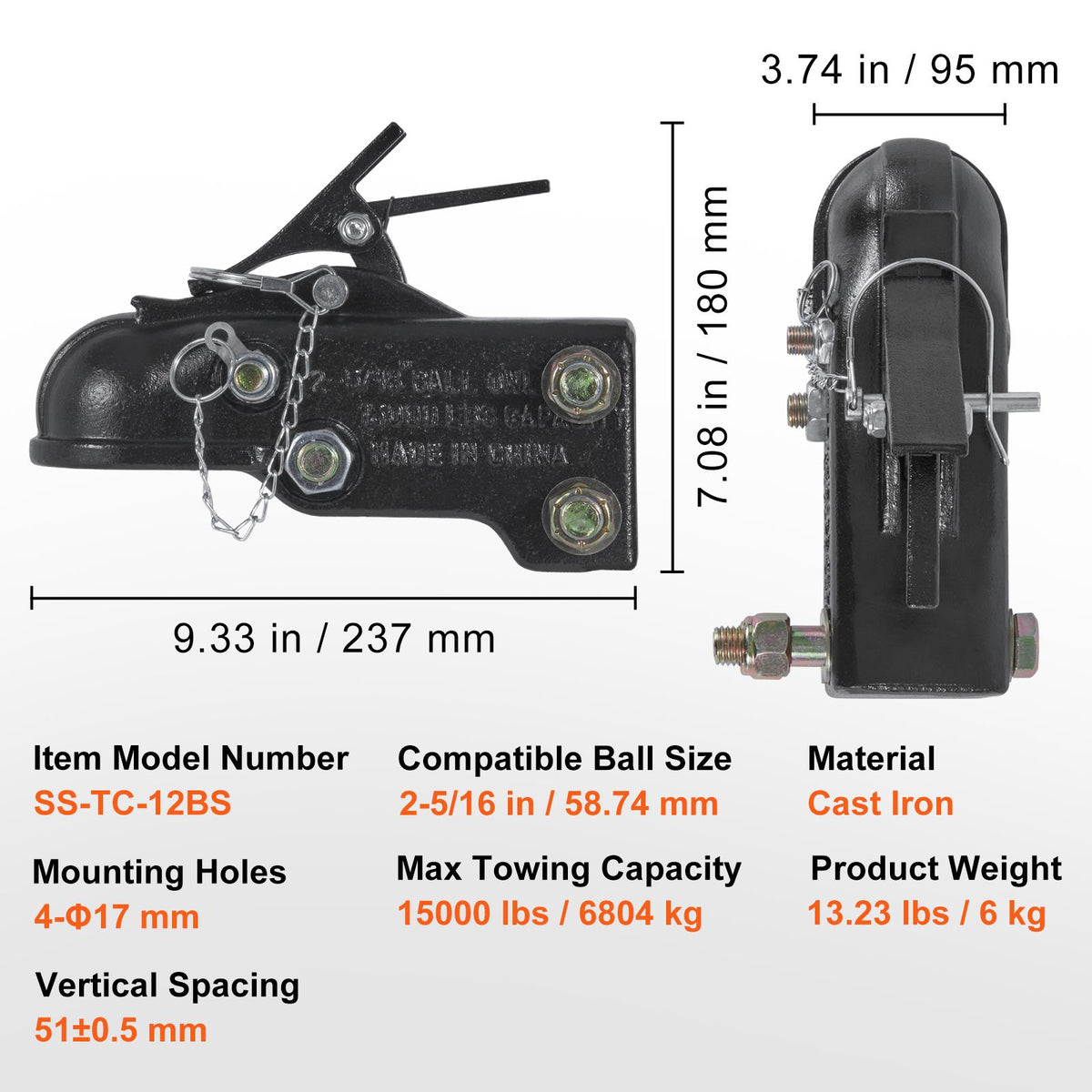 15000lb Adjustable Trailer Coupler 2-5/16in Heavy Duty Channel Mount Hitch