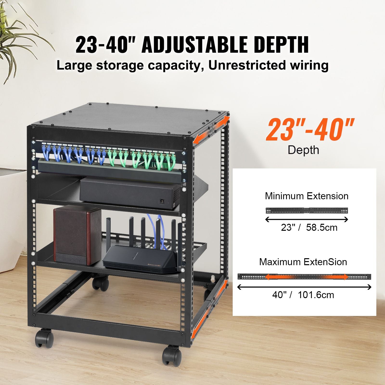 12U Open Frame Server Rack, 15''-40'' Adjustable Depth, Free Standing or Wall Mount Network Server Rack, 4 Post AV Rack with Casters, Holds All Your Networking IT Equipment AV Gear Router Modem