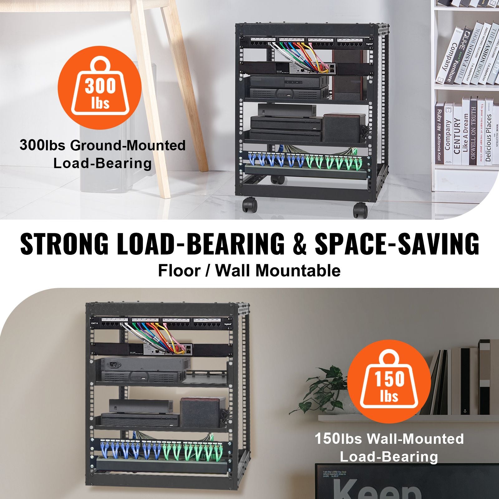12U Open Frame Server Rack, 15''-40'' Adjustable Depth, Free Standing or Wall Mount Network Server Rack, 4 Post AV Rack with Casters, Holds All Your Networking IT Equipment AV Gear Router Modem