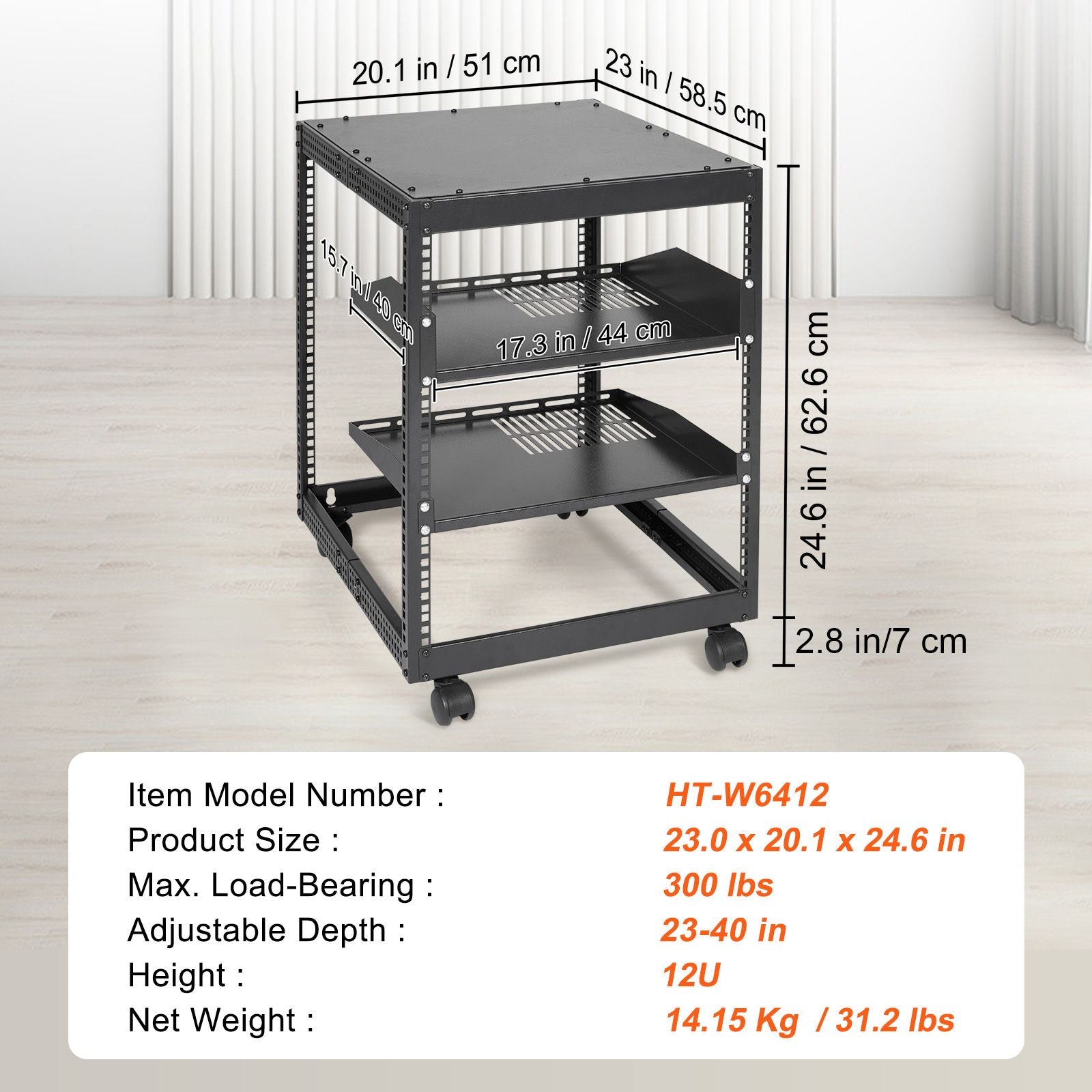 12U Open Frame Server Rack, 15''-40'' Adjustable Depth, Free Standing or Wall Mount Network Server Rack, 4 Post AV Rack with Casters, Holds All Your Networking IT Equipment AV Gear Router Modem