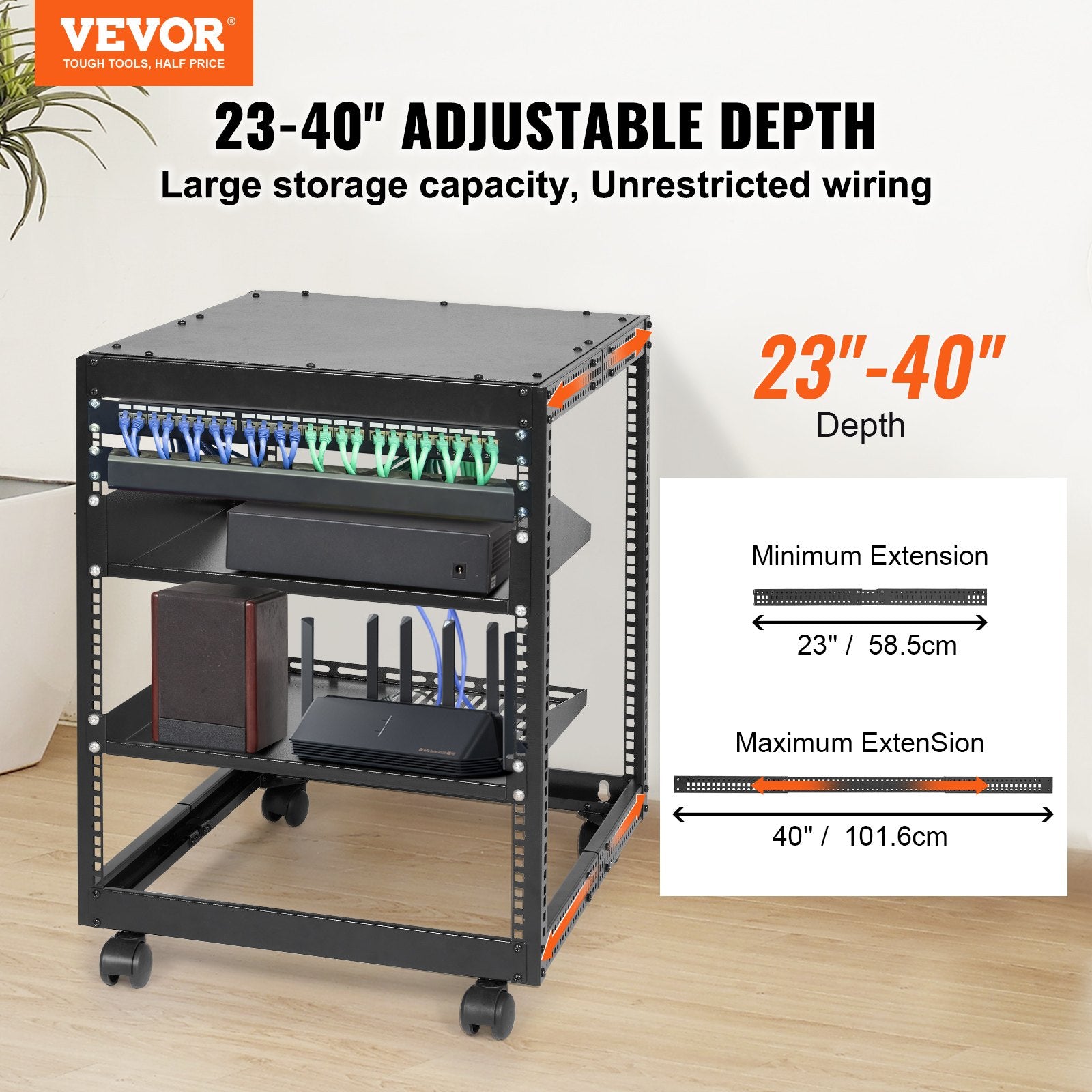 12U Open Frame Server Rack, 15''-40'' Adjustable Depth, Free Standing or Wall Mount Network Server Rack, 4 Post AV Rack with Casters, Holds All Your Networking IT Equipment AV Gear Router Modem
