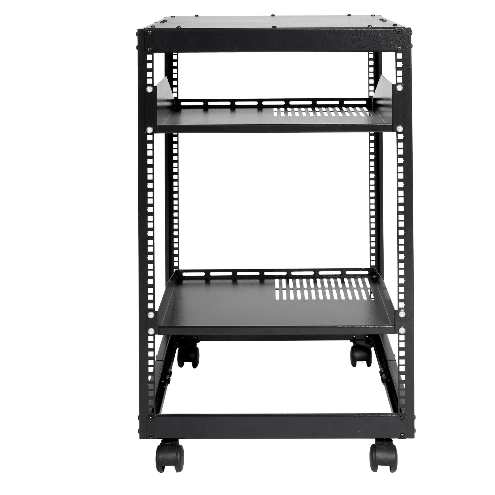15U Open Frame Server Rack Adjustable 58-102cm Depth 4 Post AV Rack with Wheels