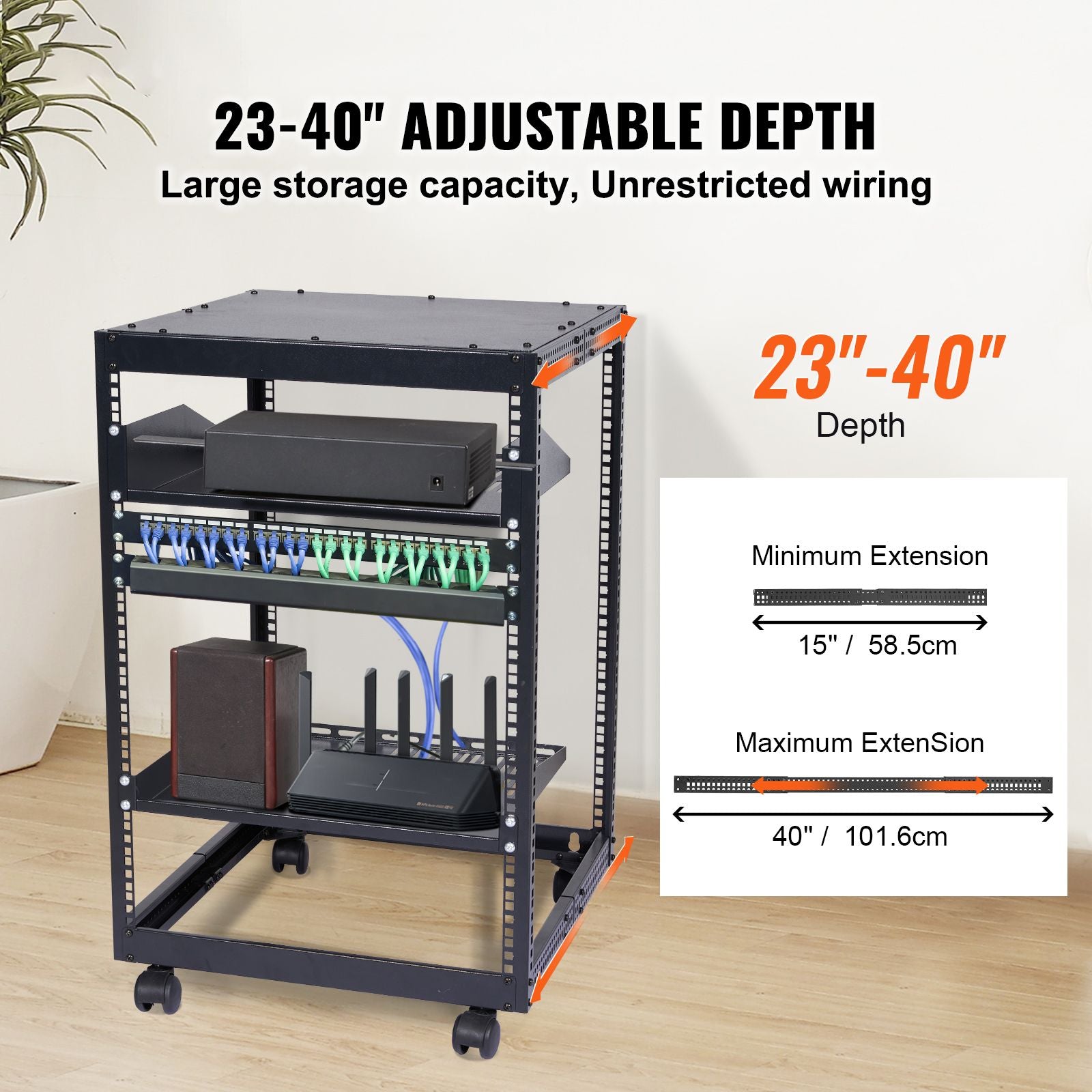 15U Open Frame Server Rack Adjustable 58-102cm Depth 4 Post AV Rack with Wheels