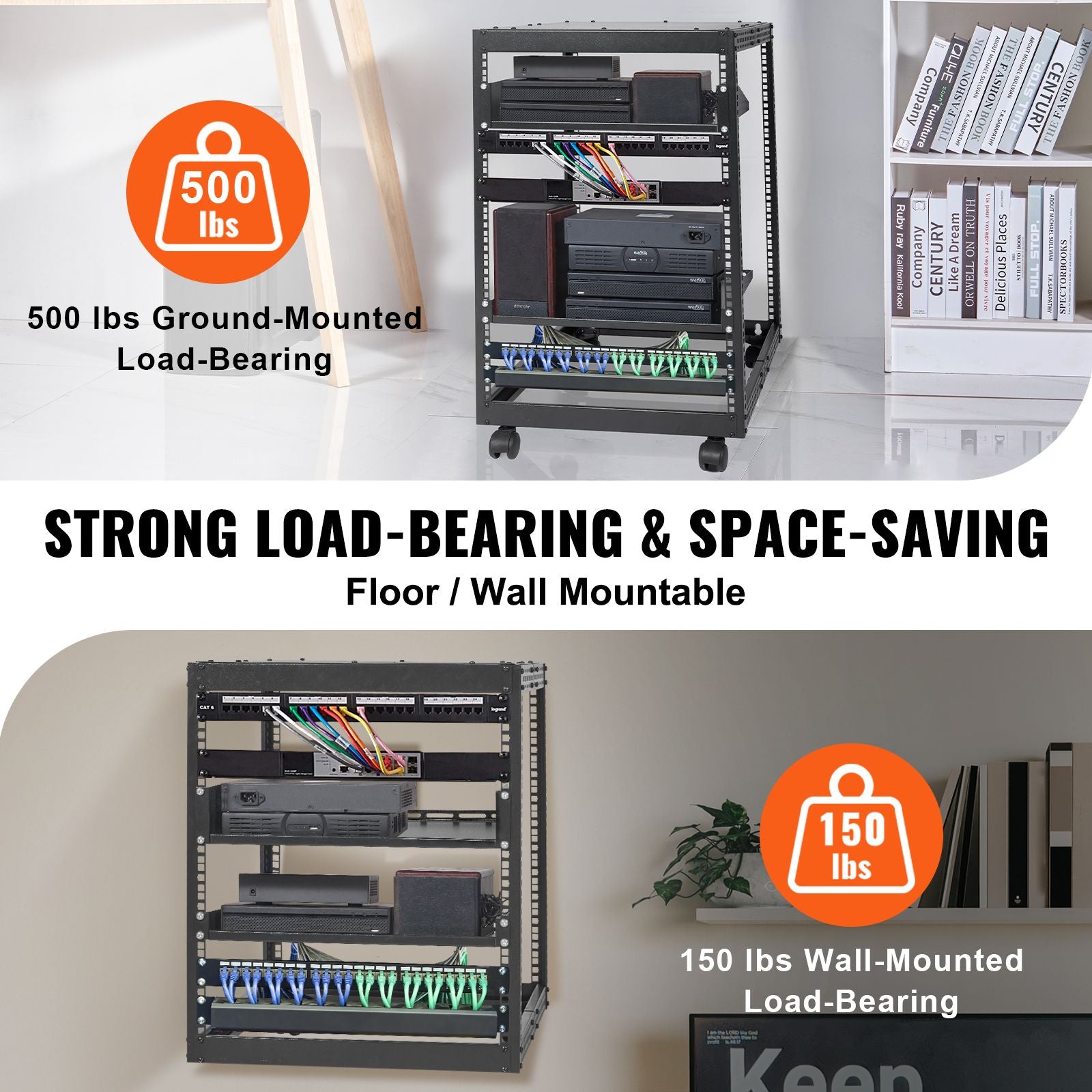 15U Open Frame Server Rack Adjustable 58-102cm Depth 4 Post AV Rack with Wheels