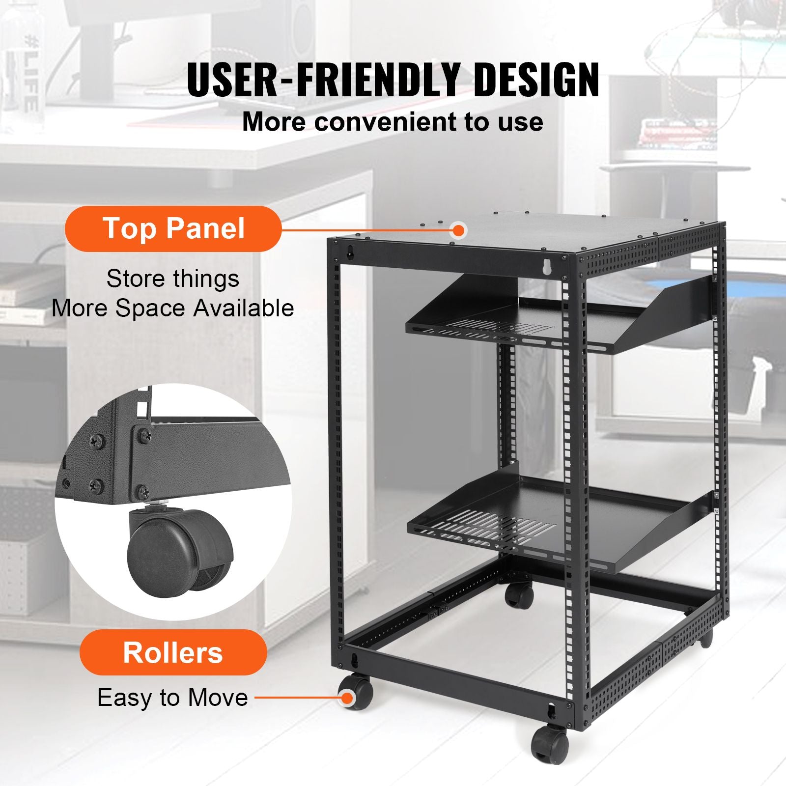 15U Open Frame Server Rack Adjustable 58-102cm Depth 4 Post AV Rack with Wheels
