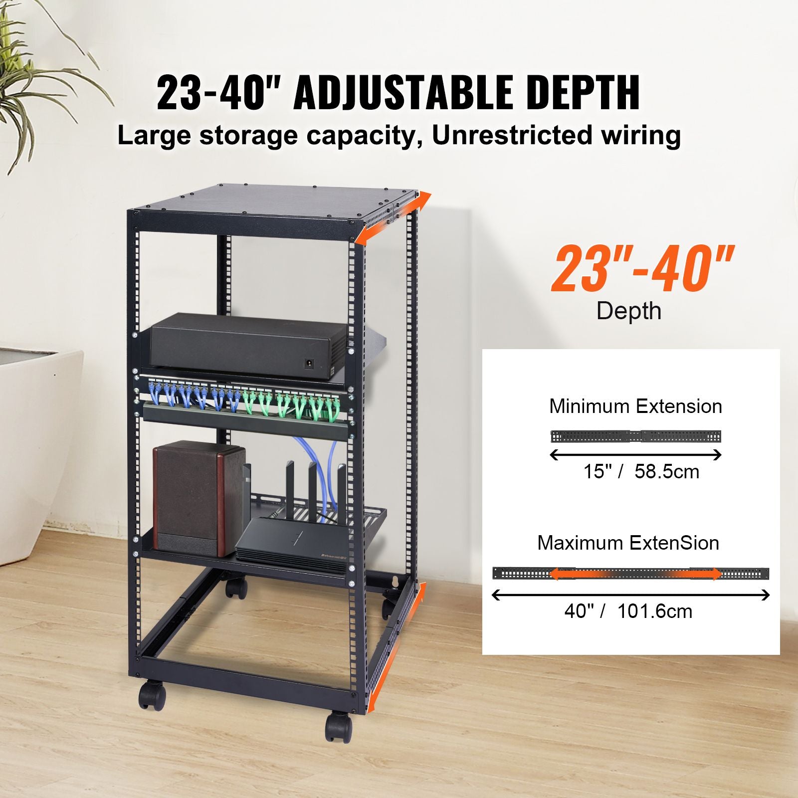 20U Open Frame Server Rack, 15''-40'' Adjustable Depth, Free Standing or Wall Mount Network Server Rack, 4 Post AV Rack with Casters, Holds All Your Networking IT Equipment AV Gear Router Modem