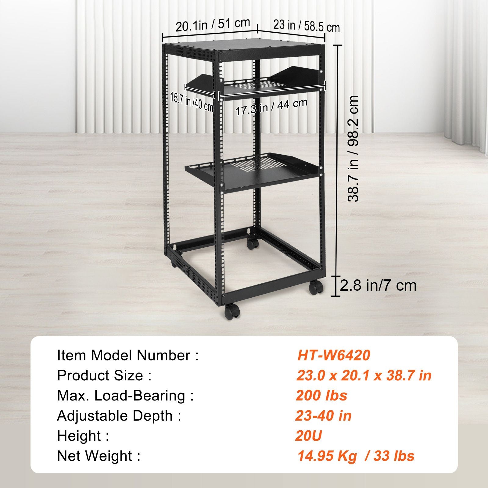 20U Open Frame Server Rack, 15''-40'' Adjustable Depth, Free Standing or Wall Mount Network Server Rack, 4 Post AV Rack with Casters, Holds All Your Networking IT Equipment AV Gear Router Modem
