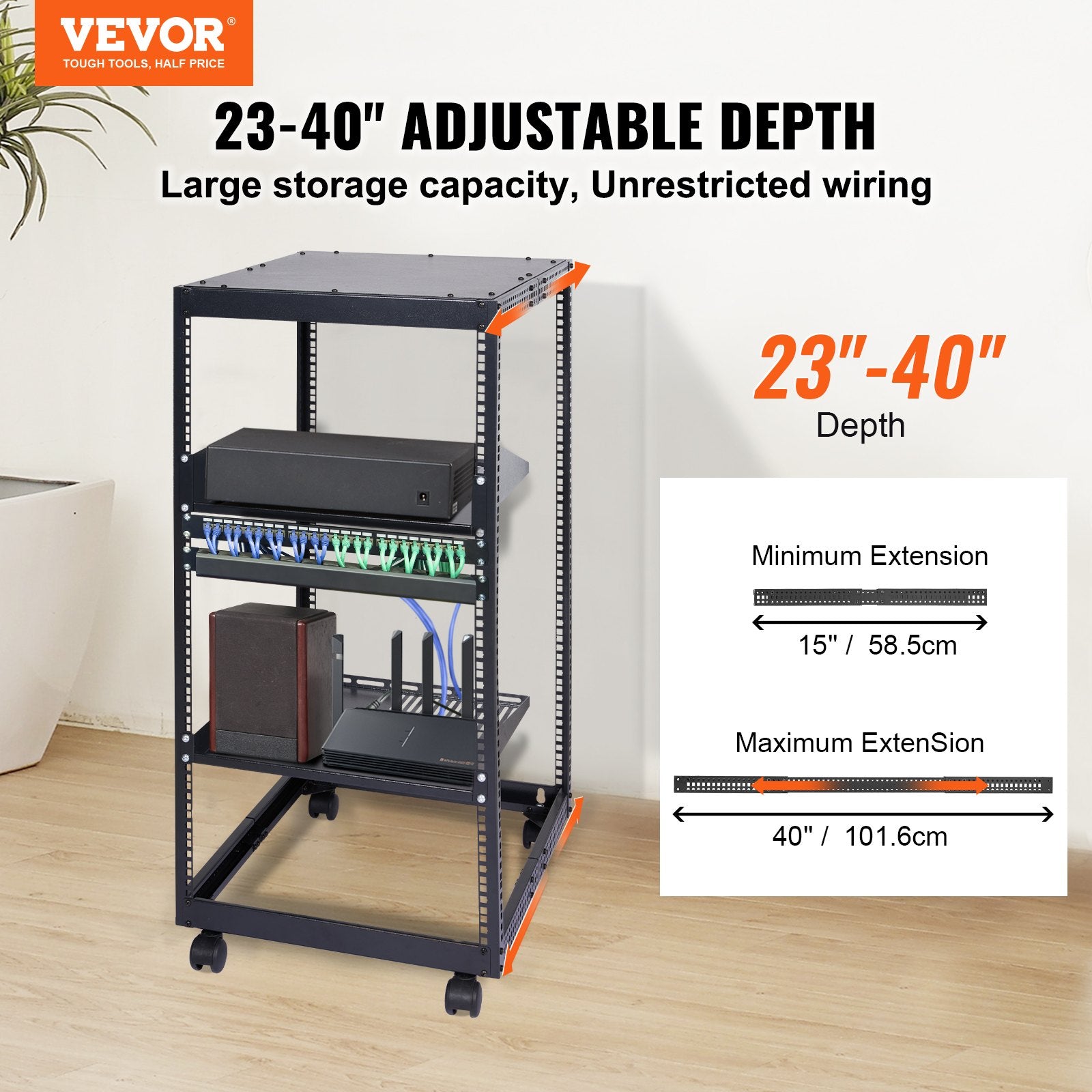 20U Open Frame Server Rack, 15''-40'' Adjustable Depth, Free Standing or Wall Mount Network Server Rack, 4 Post AV Rack with Casters, Holds All Your Networking IT Equipment AV Gear Router Modem