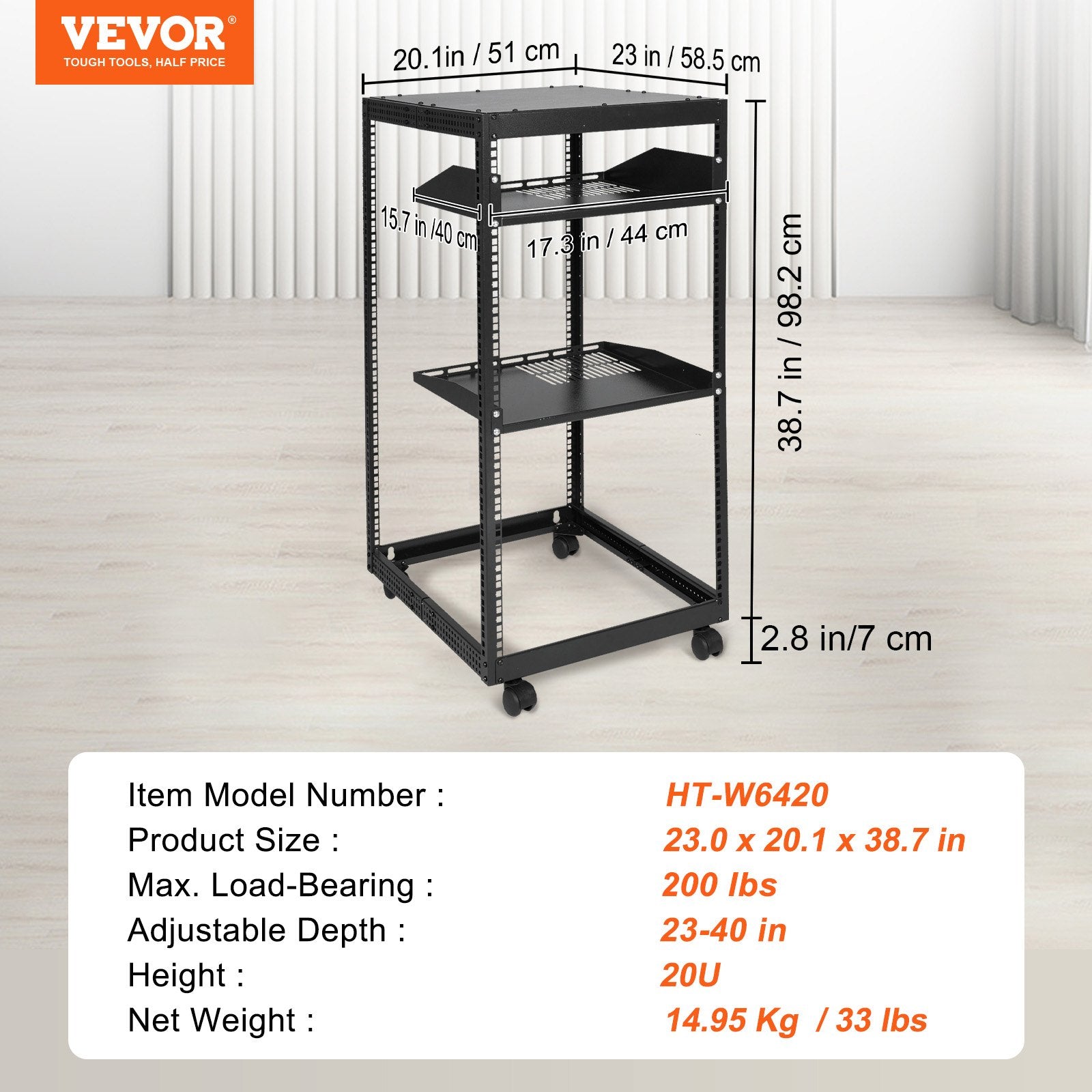 20U Open Frame Server Rack, 15''-40'' Adjustable Depth, Free Standing or Wall Mount Network Server Rack, 4 Post AV Rack with Casters, Holds All Your Networking IT Equipment AV Gear Router Modem