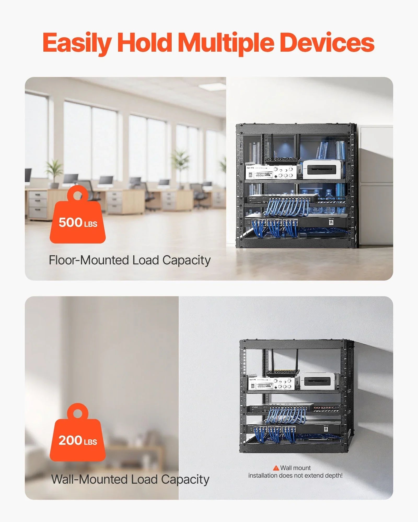 10U Open Frame Network Rack, 585 mm Depth, Wall Mounted or Floor Standing Server Rack, Heavy Duty 4 Post, with Vented Shelves & Mounting Hardware, Holds All Your Networking IT Equipment AV Gear