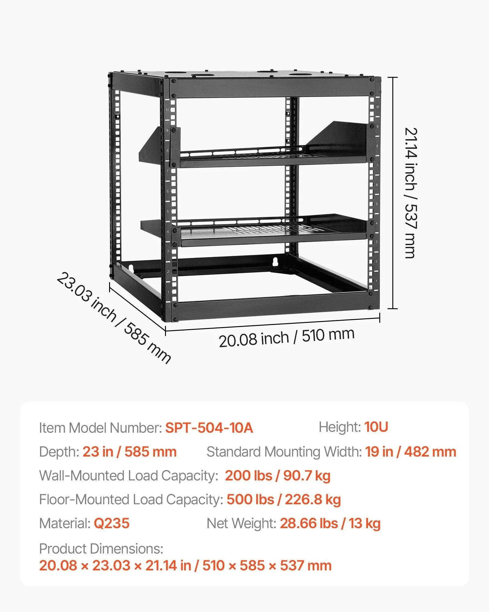 10U Open Frame Network Rack, 585 mm Depth, Wall Mounted or Floor Standing Server Rack, Heavy Duty 4 Post, with Vented Shelves & Mounting Hardware, Holds All Your Networking IT Equipment AV Gear
