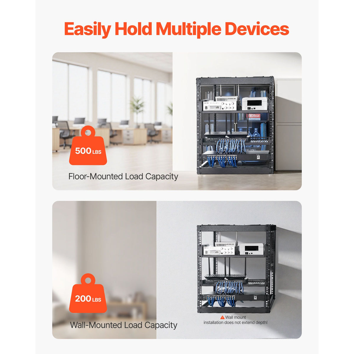 12U Open Frame Network Rack, 585 mm Depth, Wall Mounted or Floor Standing Server Rack, Heavy Duty 4 Post, with Vented Shelves & Mounting Hardware, Holds All Your Networking IT Equipment AV Gear