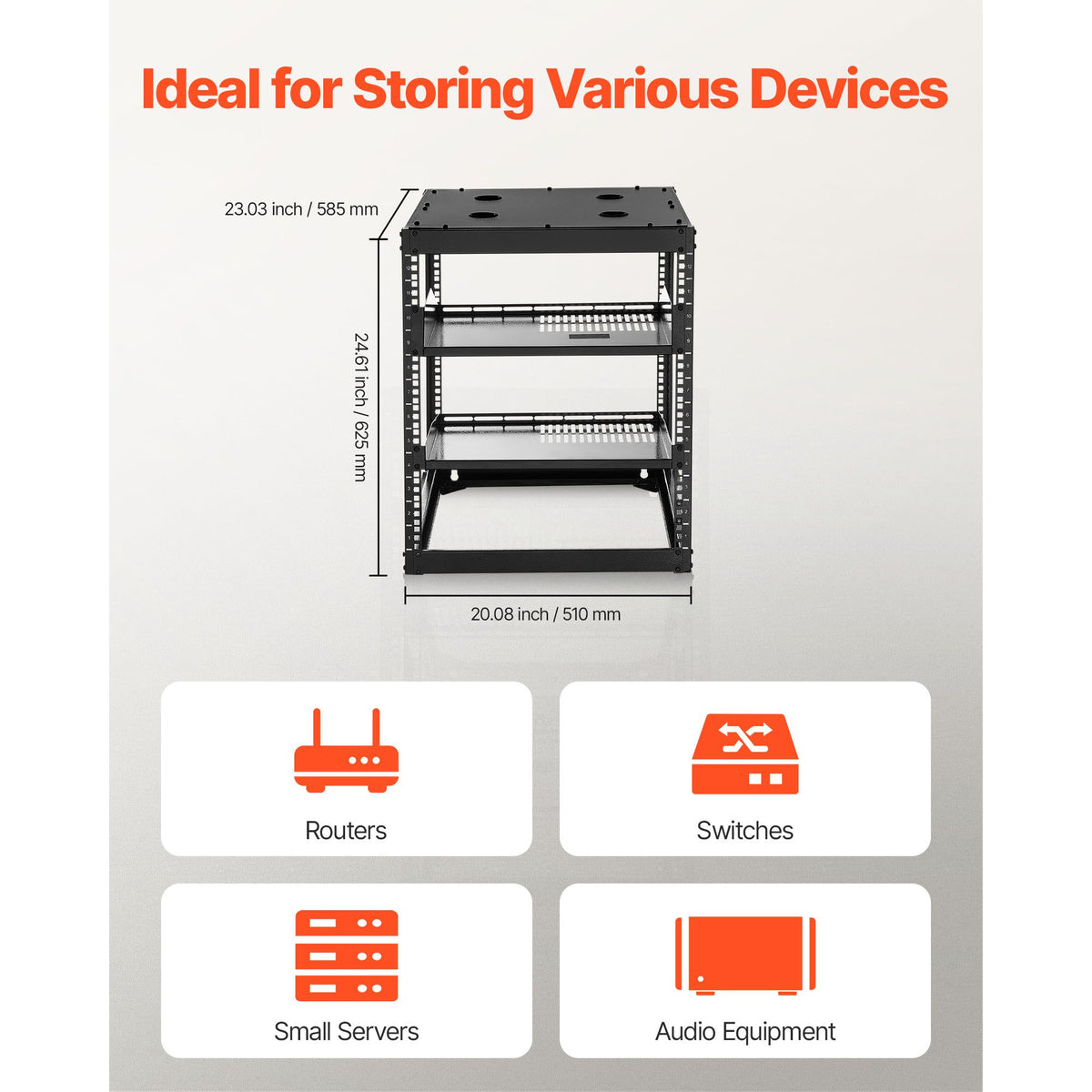 12U Open Frame Network Rack, 585 mm Depth, Wall Mounted or Floor Standing Server Rack, Heavy Duty 4 Post, with Vented Shelves & Mounting Hardware, Holds All Your Networking IT Equipment AV Gear