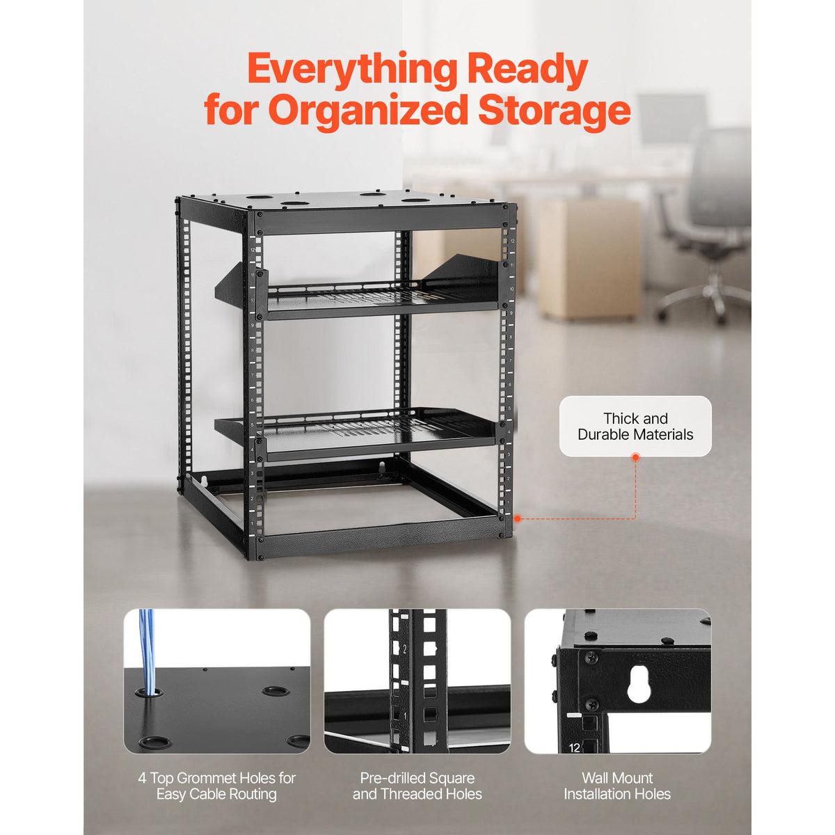 12U Open Frame Network Rack, 585 mm Depth, Wall Mounted or Floor Standing Server Rack, Heavy Duty 4 Post, with Vented Shelves & Mounting Hardware, Holds All Your Networking IT Equipment AV Gear