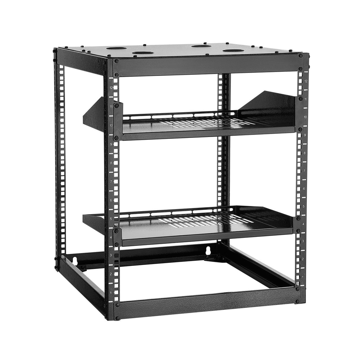 12U Open Frame Network Rack, 585 mm Depth, Wall Mounted or Floor Standing Server Rack, Heavy Duty 4 Post, with Vented Shelves & Mounting Hardware, Holds All Your Networking IT Equipment AV Gear