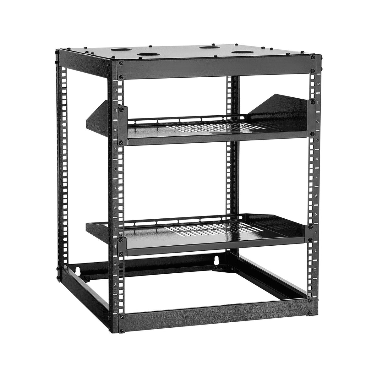 12U Open Frame Network Rack, 585 mm Depth, Wall Mounted or Floor Standing Server Rack, Heavy Duty 4 Post, with Vented Shelves & Mounting Hardware, Holds All Your Networking IT Equipment AV Gear