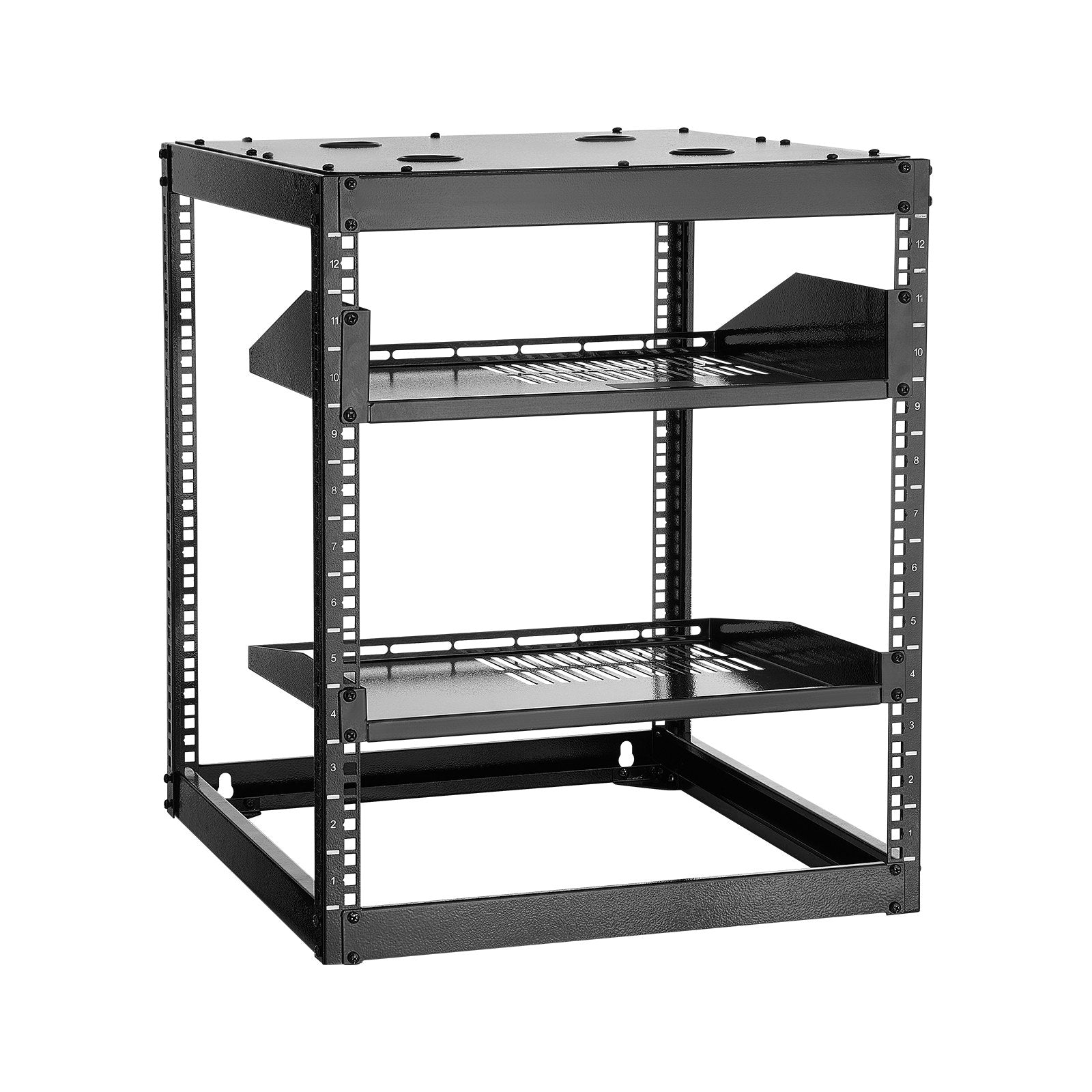 12U Open Frame Network Rack, 585 mm Depth, Wall Mounted or Floor Standing Server Rack, Heavy Duty 4 Post, with Vented Shelves & Mounting Hardware, Holds All Your Networking IT Equipment AV Gear