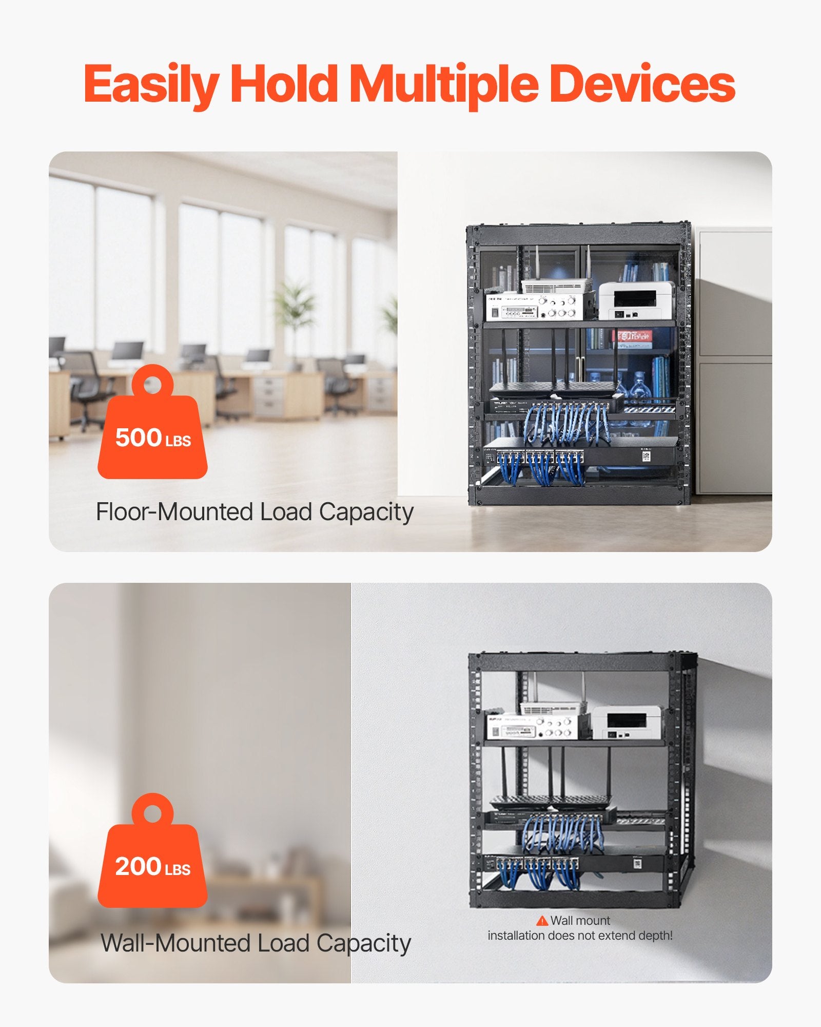 12U Open Frame Network Rack, 585 mm Depth, Wall Mounted or Floor Standing Server Rack, Heavy Duty 4 Post, with Vented Shelves & Mounting Hardware, Holds All Your Networking IT Equipment AV Gear