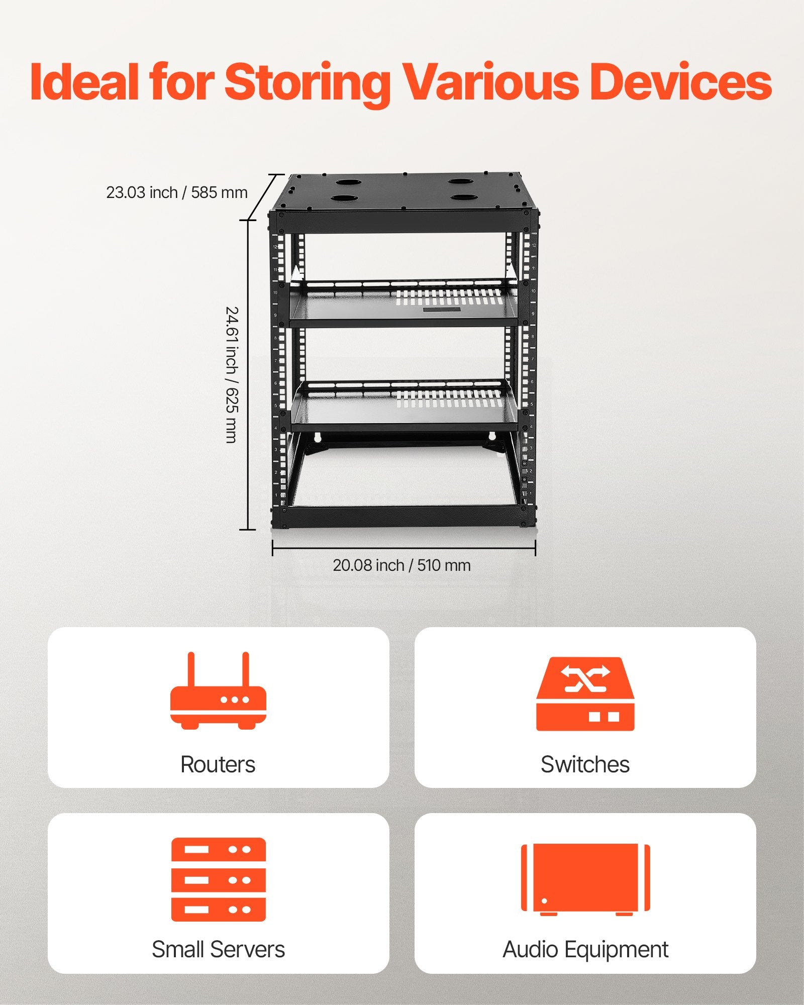 12U Open Frame Network Rack, 585 mm Depth, Wall Mounted or Floor Standing Server Rack, Heavy Duty 4 Post, with Vented Shelves & Mounting Hardware, Holds All Your Networking IT Equipment AV Gear