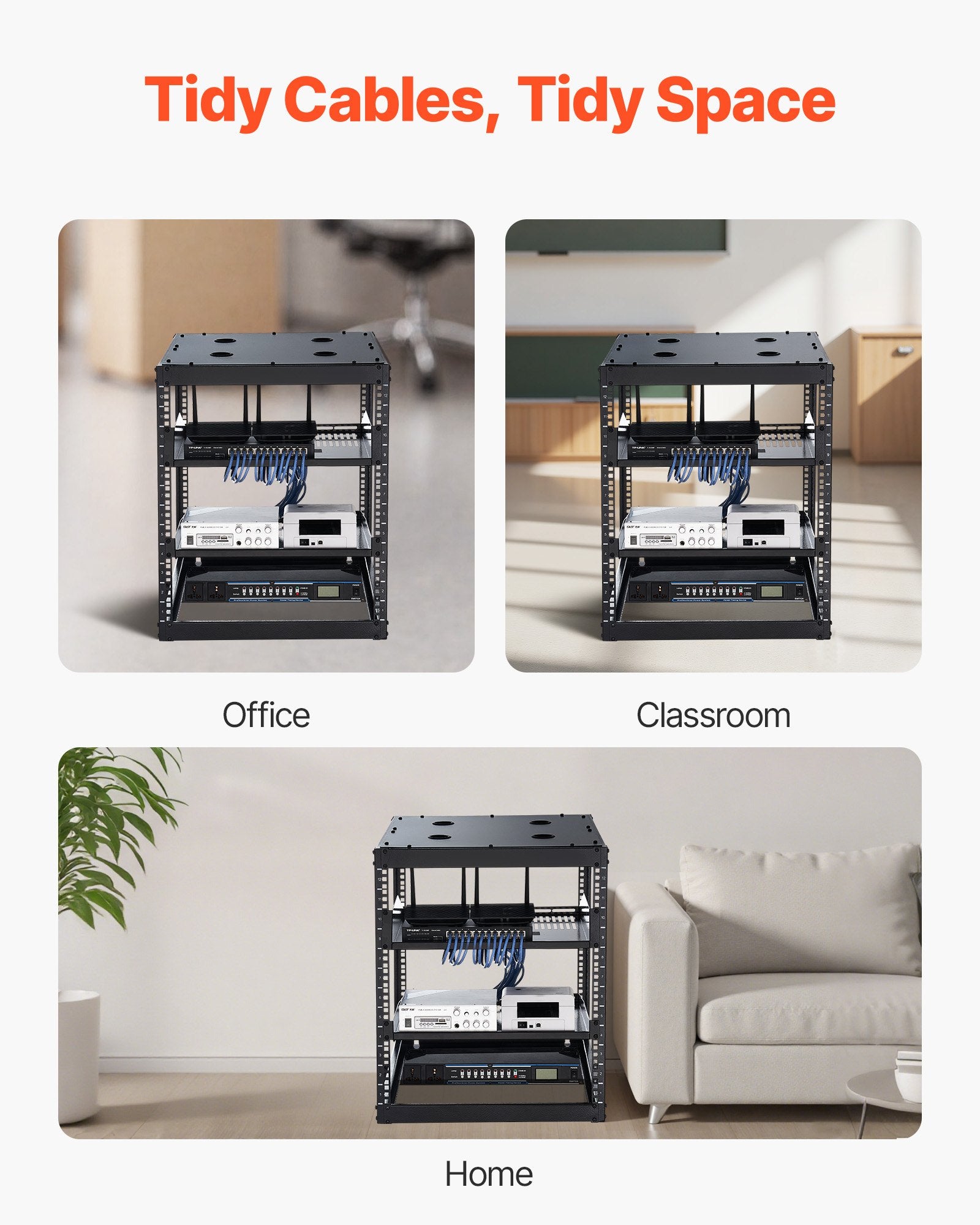 12U Open Frame Network Rack, 585 mm Depth, Wall Mounted or Floor Standing Server Rack, Heavy Duty 4 Post, with Vented Shelves & Mounting Hardware, Holds All Your Networking IT Equipment AV Gear