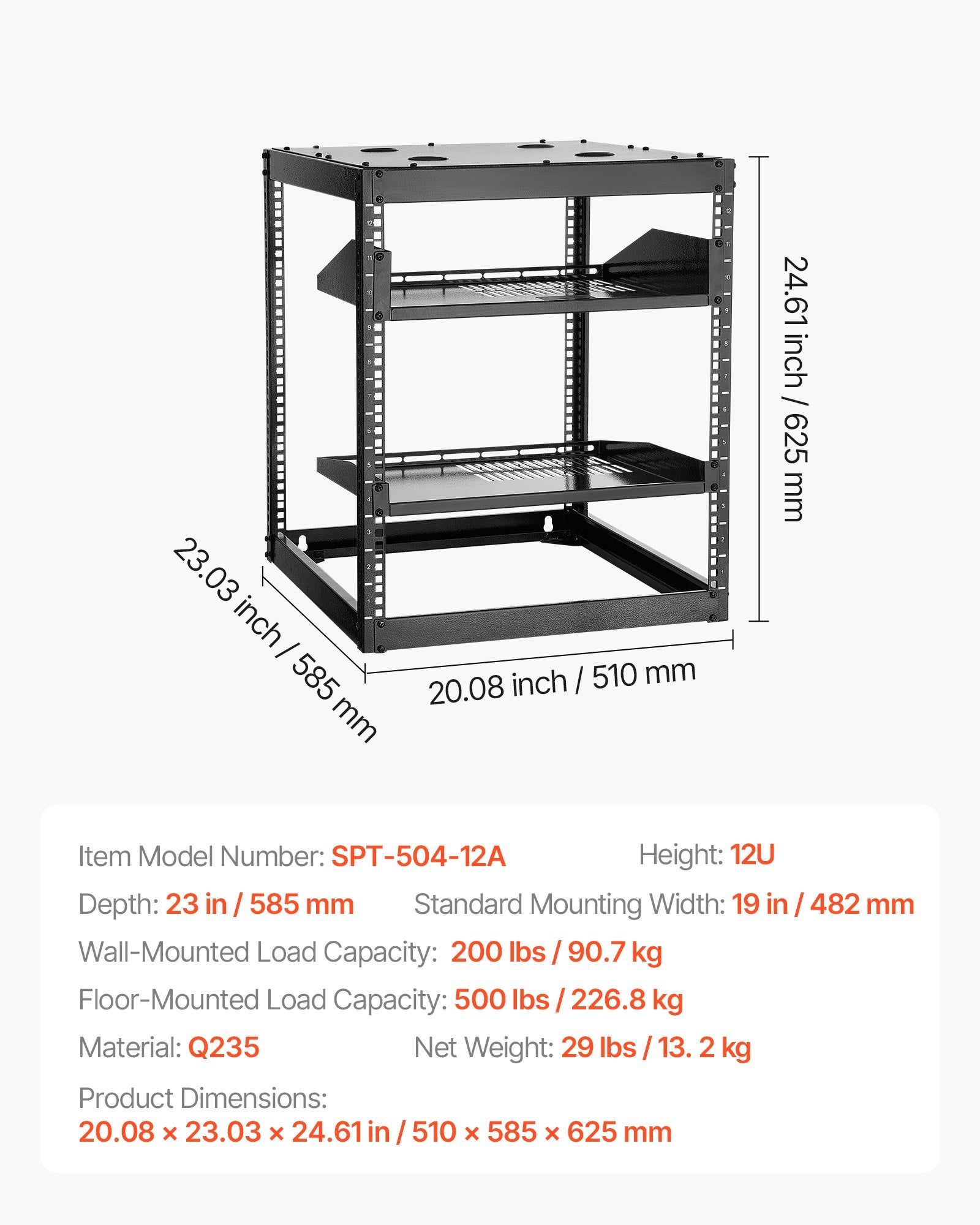 12U Open Frame Network Rack, 585 mm Depth, Wall Mounted or Floor Standing Server Rack, Heavy Duty 4 Post, with Vented Shelves & Mounting Hardware, Holds All Your Networking IT Equipment AV Gear