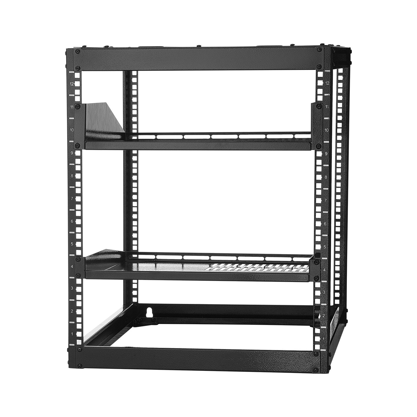 12U Open Frame Network Rack, 585 mm Depth, Wall Mounted or Floor Standing Server Rack, Heavy Duty 4 Post, with Vented Shelves & Mounting Hardware, Holds All Your Networking IT Equipment AV Gear