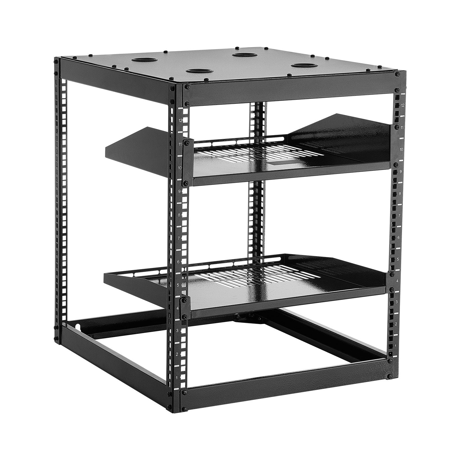12U Open Frame Network Rack, 585 mm Depth, Wall Mounted or Floor Standing Server Rack, Heavy Duty 4 Post, with Vented Shelves & Mounting Hardware, Holds All Your Networking IT Equipment AV Gear