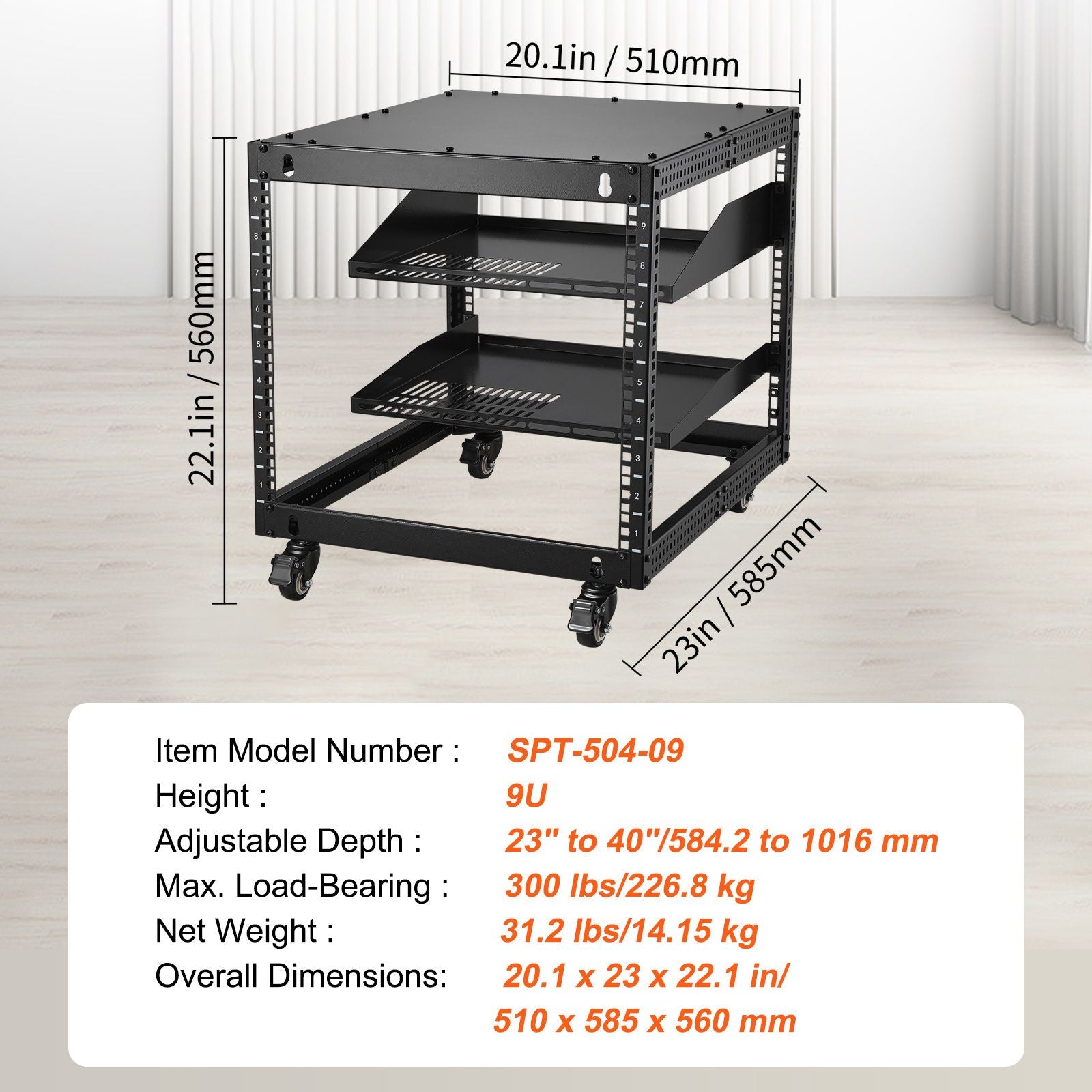 9U Open Frame Server Rack Adjustable Depth 4 Post Network Equipment Rack