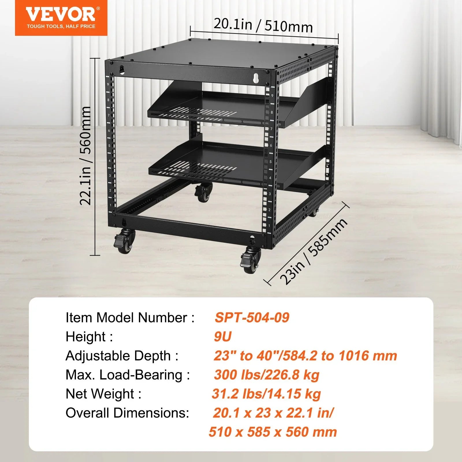 9U Open Frame Server Rack, 584.2 to 1016 mm Adjustable Depth, Free Standing or Wall Mount Network Server Rack with 360° Casters, Heavy Duty 4 Post Holds All Your Networking IT Equipment AV Gear