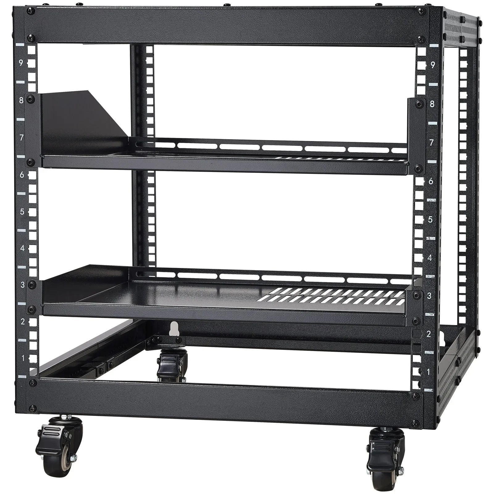 9U Open Frame Server Rack, 584.2 to 1016 mm Adjustable Depth, Free Standing or Wall Mount Network Server Rack with 360° Casters, Heavy Duty 4 Post Holds All Your Networking IT Equipment AV Gear