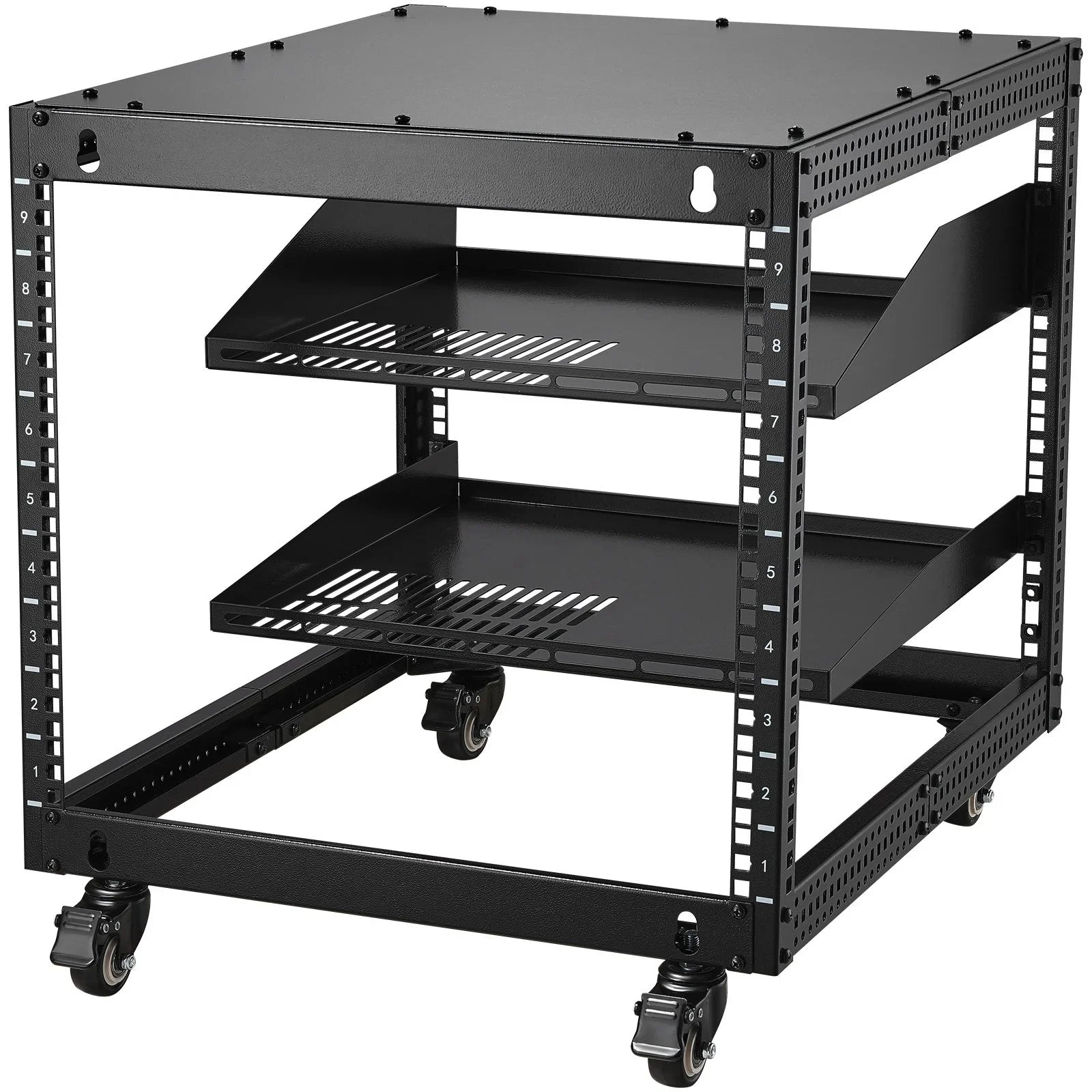 9U Open Frame Server Rack, 584.2 to 1016 mm Adjustable Depth, Free Standing or Wall Mount Network Server Rack with 360° Casters, Heavy Duty 4 Post Holds All Your Networking IT Equipment AV Gear