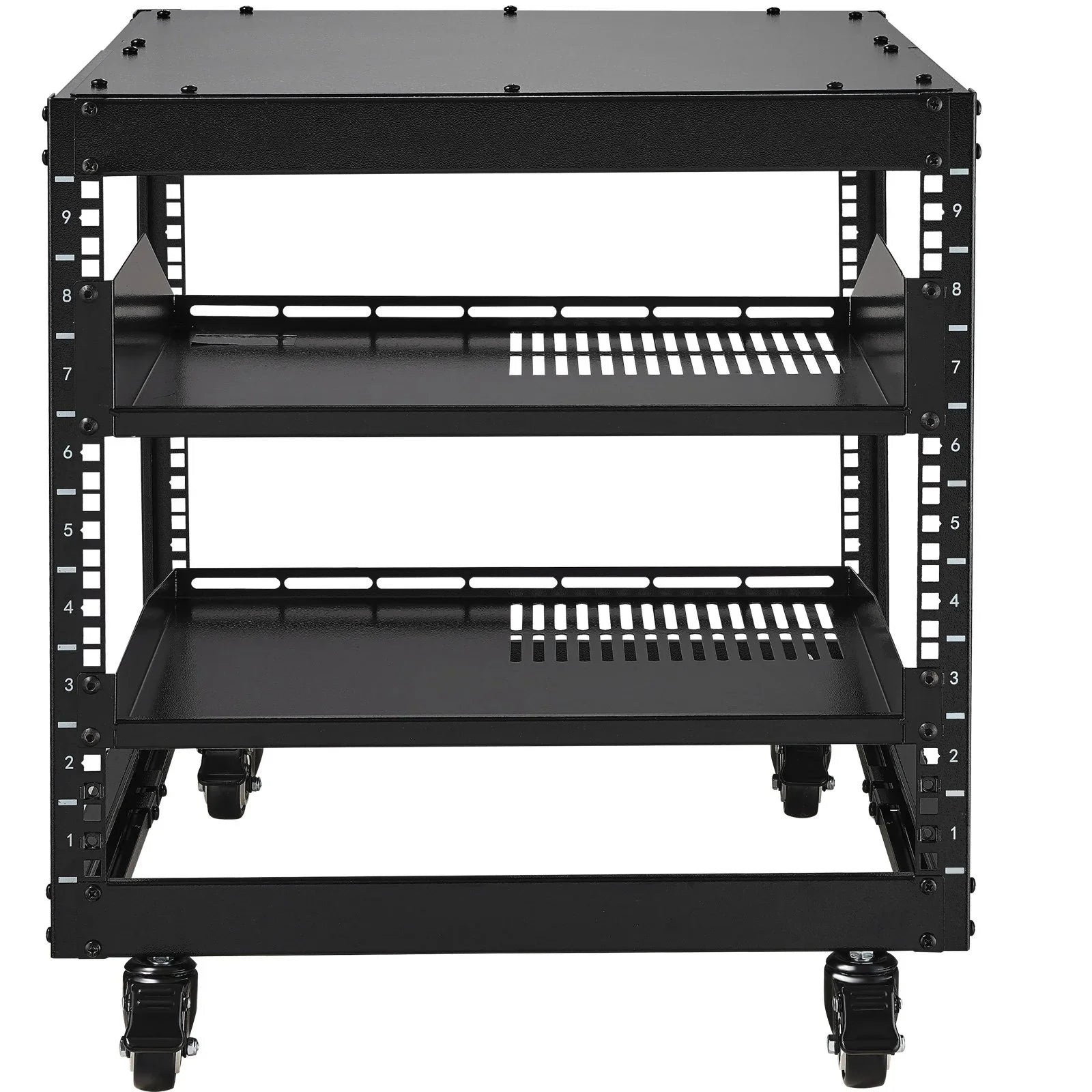 9U Open Frame Server Rack, 584.2 to 1016 mm Adjustable Depth, Free Standing or Wall Mount Network Server Rack with 360° Casters, Heavy Duty 4 Post Holds All Your Networking IT Equipment AV Gear