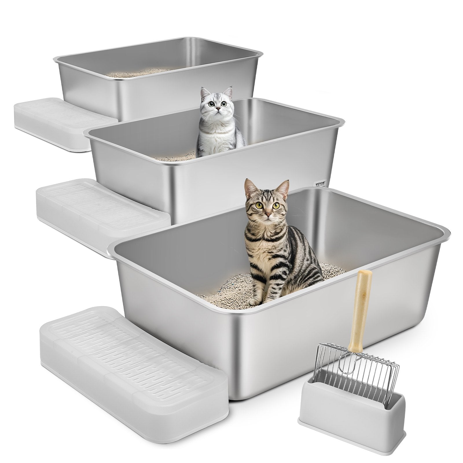 Cat Litter Box, 203 mm Deep, XL Extra Large Stainless Steel Cat Litter Box with Scoop, Wide Filtering Foot Board & High Sides, Enclosed Odor-Free Easy-to-Clean Litter Box, Fit for Big Cats