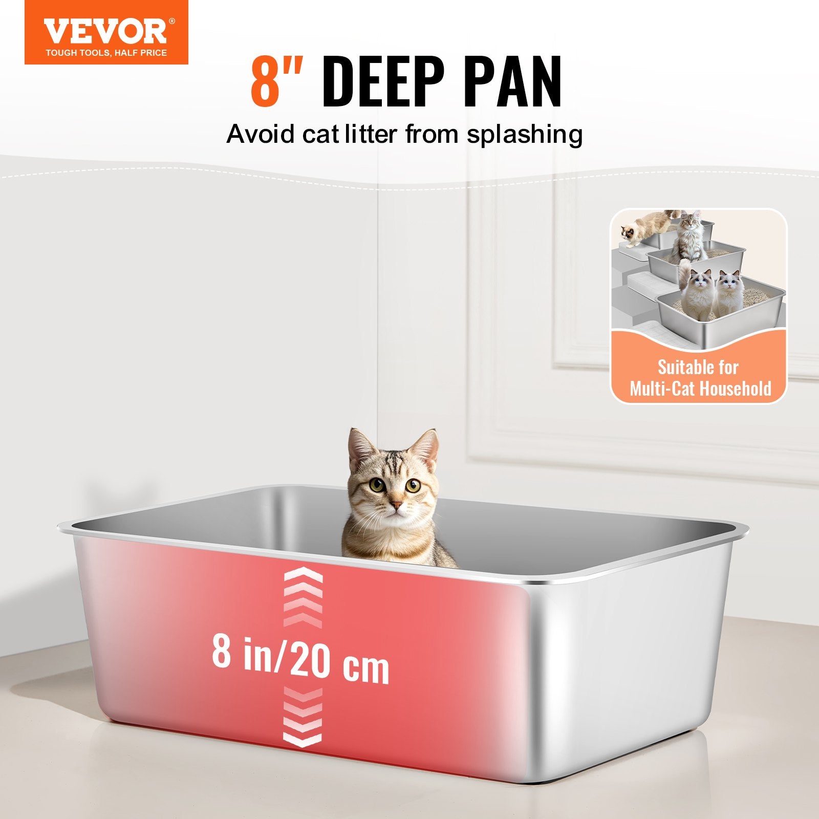 Cat Litter Box, 203 mm Deep, XL Extra Large Stainless Steel Cat Litter Box with Scoop, Wide Filtering Foot Board & High Sides, Enclosed Odor-Free Easy-to-Clean Litter Box, Fit for Big Cats