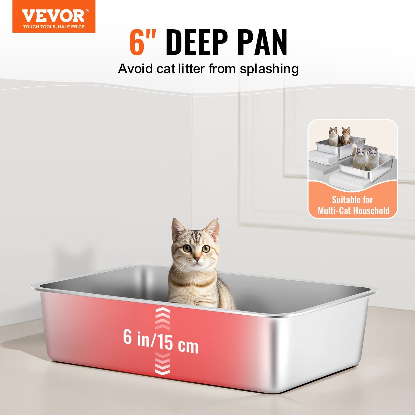 Cat Litter Box, 152 mm Deep, XL Extra Large Stainless Steel Cat Litter Box with Scoop, Wide Filtering Foot Board & High Sides, Enclosed Odor-Free Easy-to-Clean Litter Box, Fit for Big Cats
