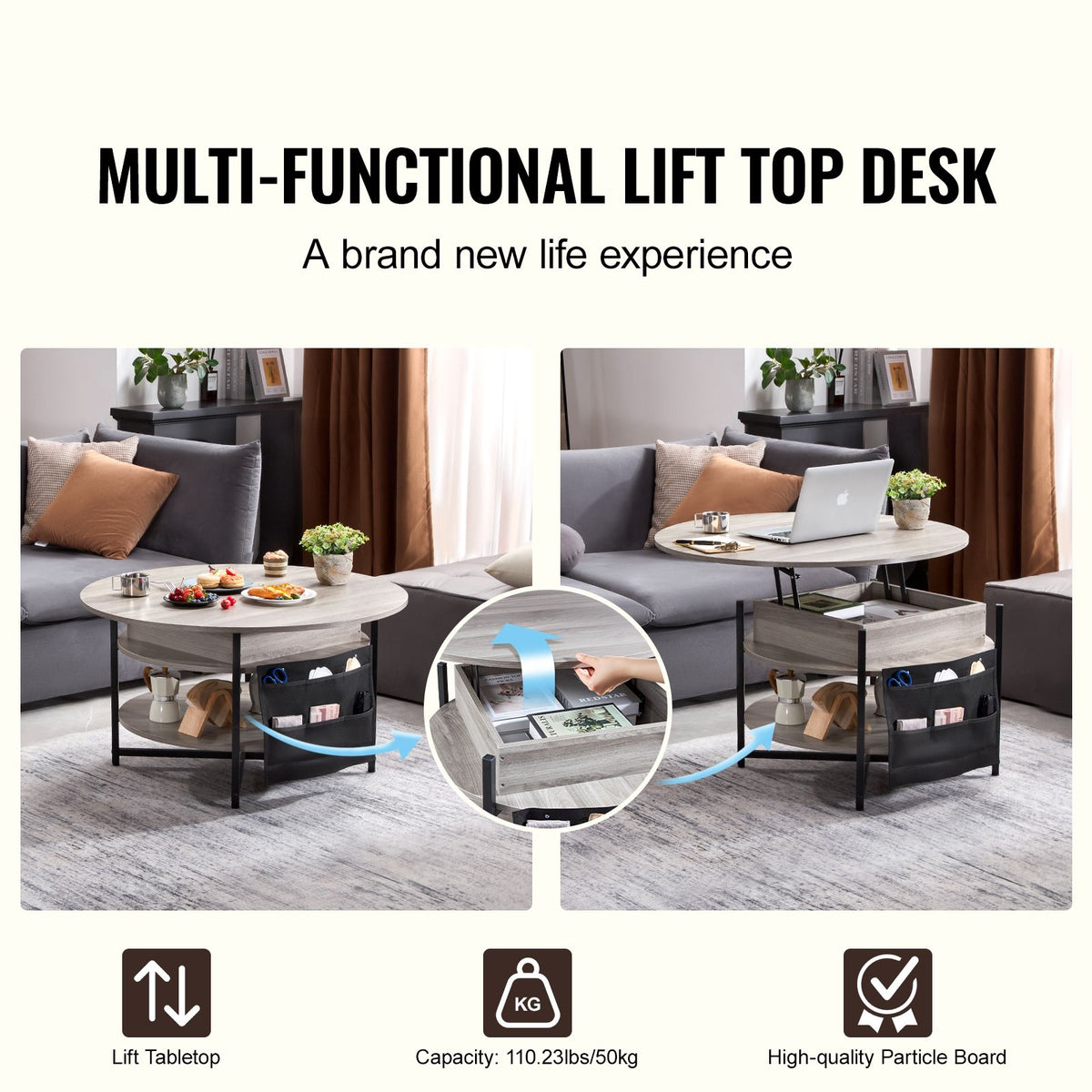 Lift Top Round Coffee Table 35.3in White with Hidden Storage Compartment
