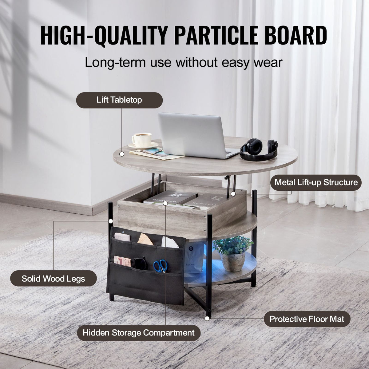 Lift Top Round Coffee Table 35.3in White with Hidden Storage Compartment