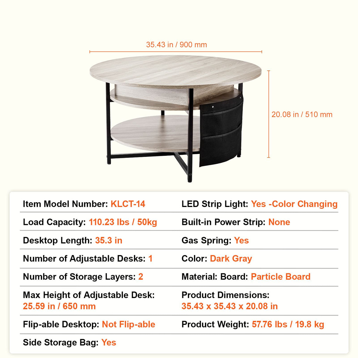 Lift Top Round Coffee Table 35.3in White with Hidden Storage Compartment