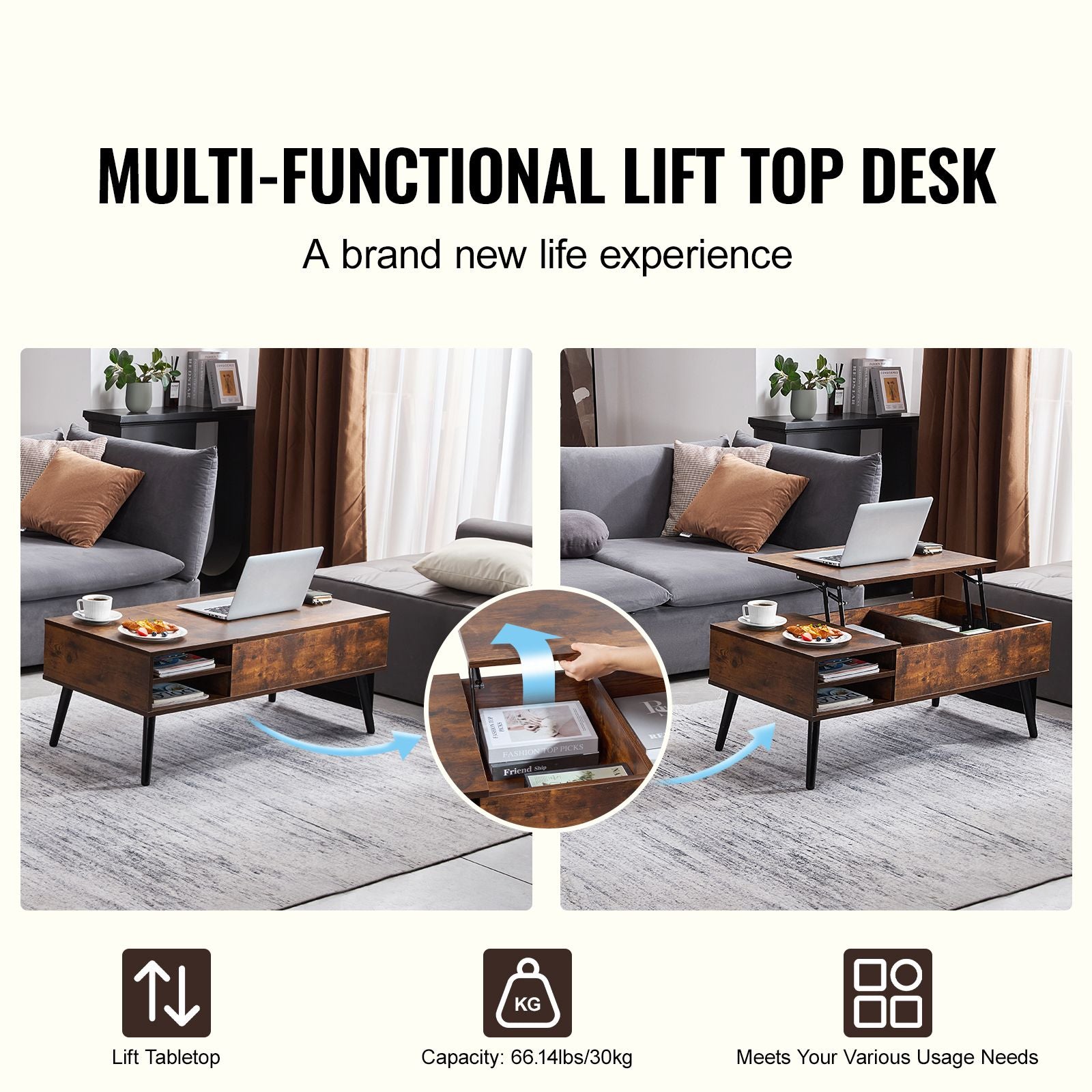 Lift Top Coffee Table 39.4 in Rectangle Coffee Table for Living Room Brown