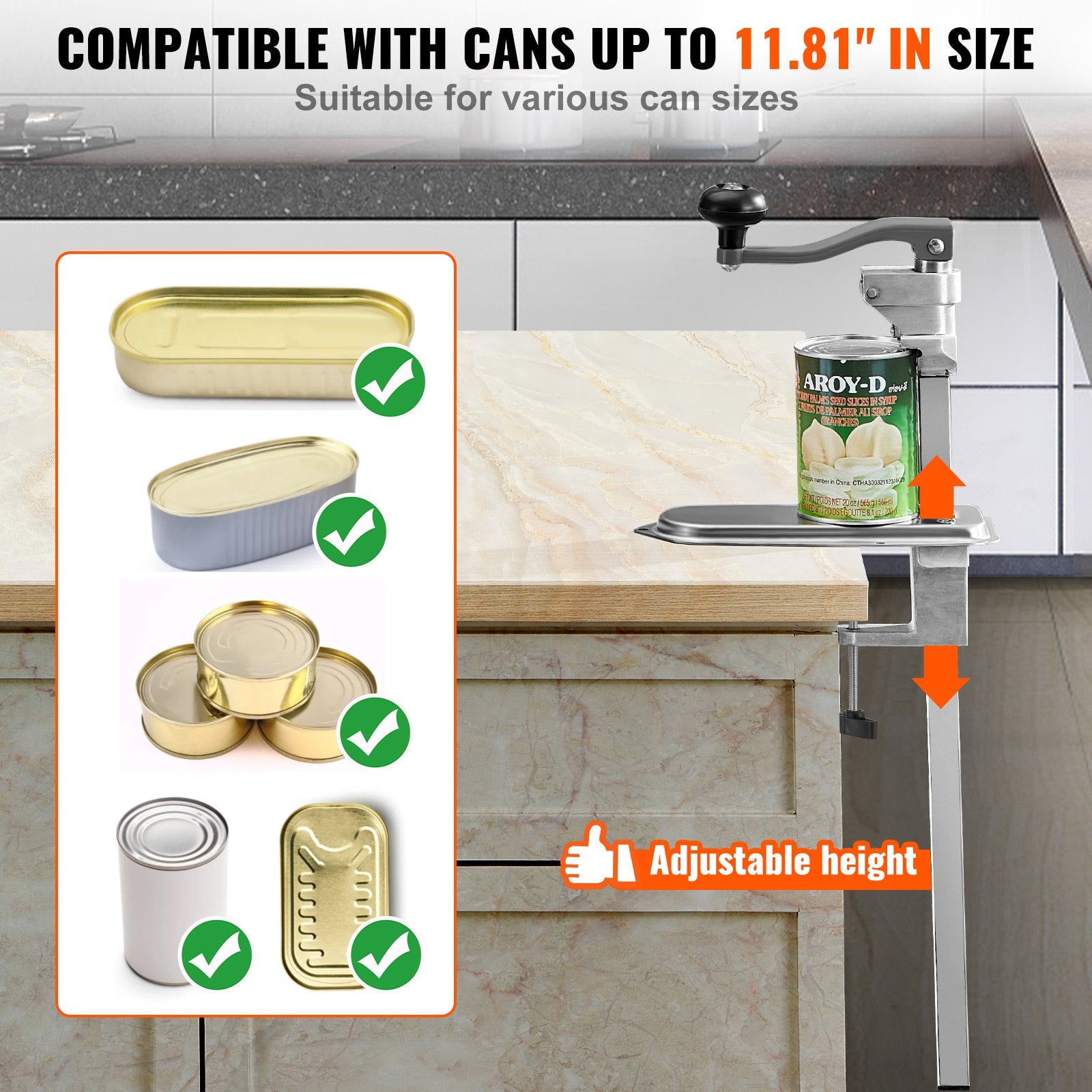 Commercial Can Opener, Heavy-Duty Manual Tabletop Cans Opener for Cans Up to 300 mm Height, Height-Adjustable Can Openers Fixed with Screws & Table Clamp, for Restaurant, Hotel, and Food Store