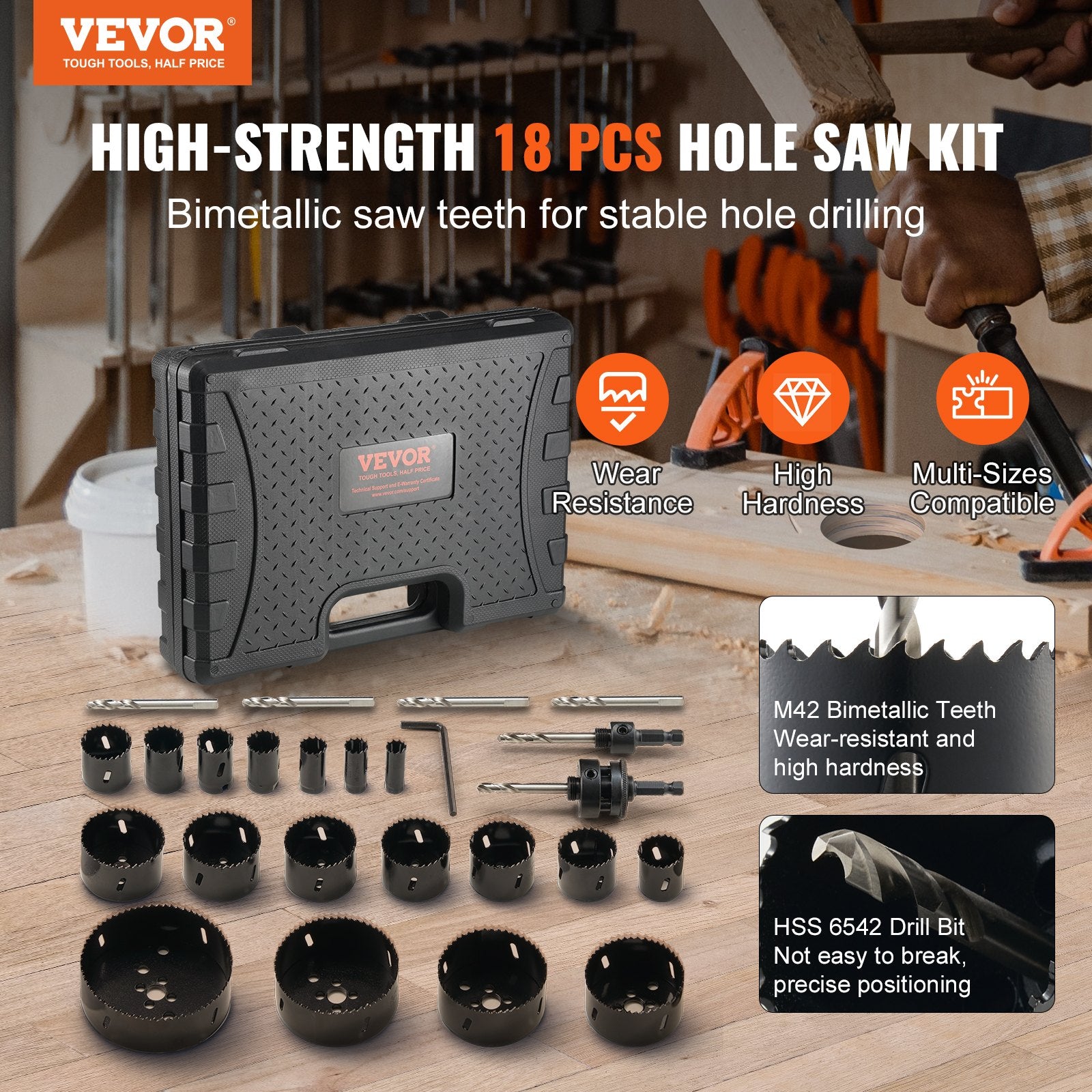 VEVOR Hole Saw Kit, 18 PCS Saw Blades, 6 Drill Bits, 1 Hex Wrench, Bi Metal M42 Hole Saw Set with Carrying Case, General Purpose Size from 3/4