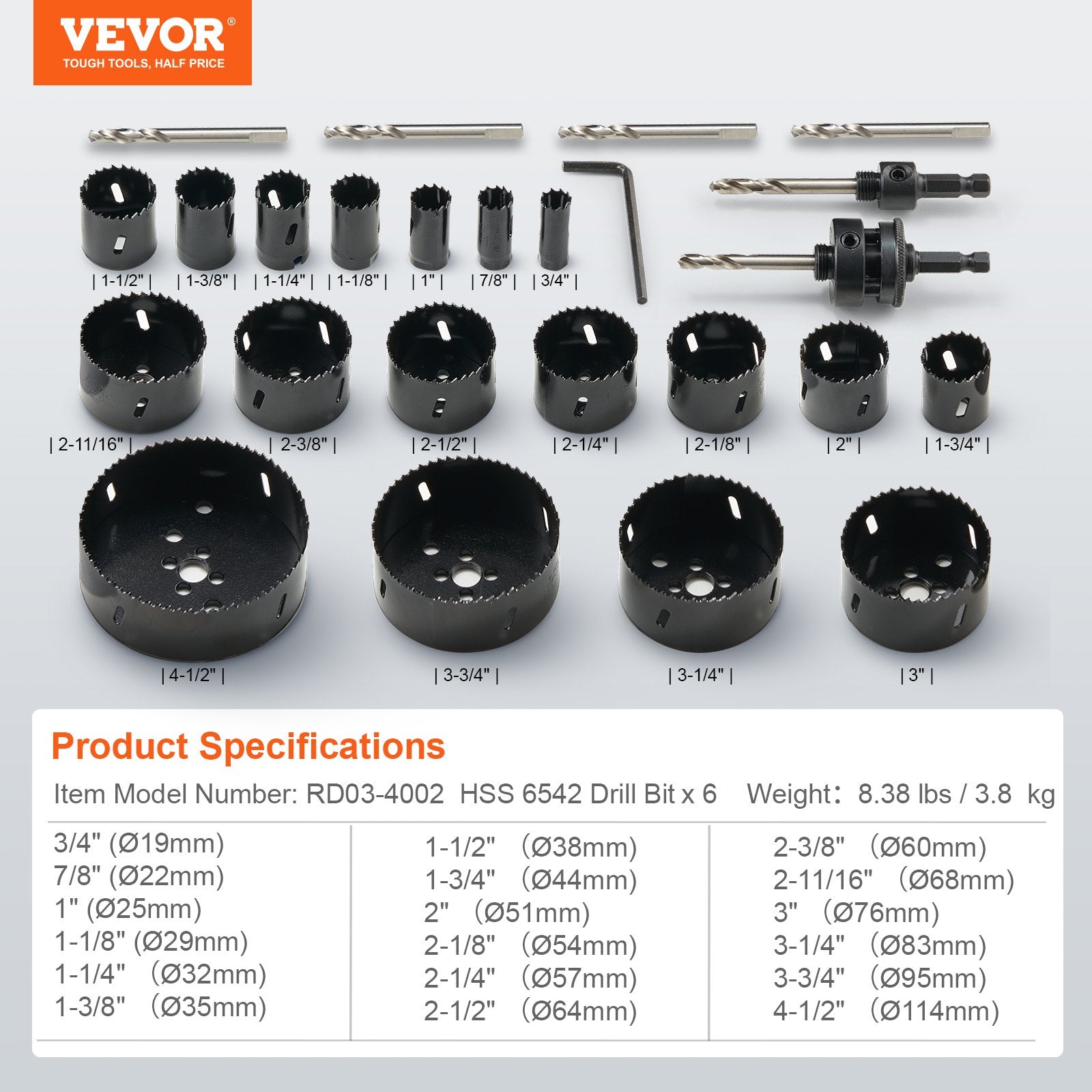 VEVOR Hole Saw Kit, 18 PCS Saw Blades, 6 Drill Bits, 1 Hex Wrench, Bi Metal M42 Hole Saw Set with Carrying Case, General Purpose Size from 3/4