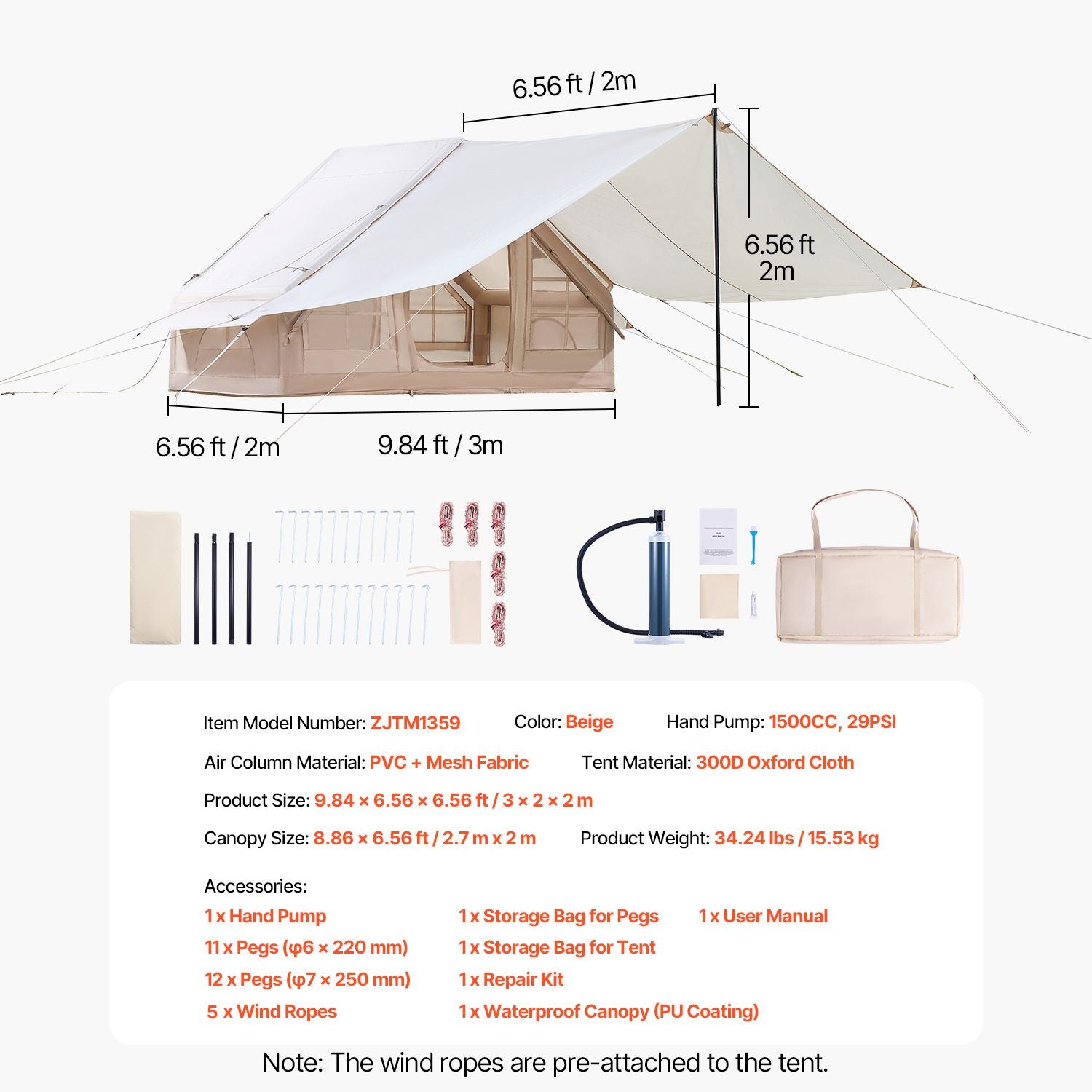 3-5 Person Inflatable Camping Tent 4 Season Oxford Air Tent with Canopy
