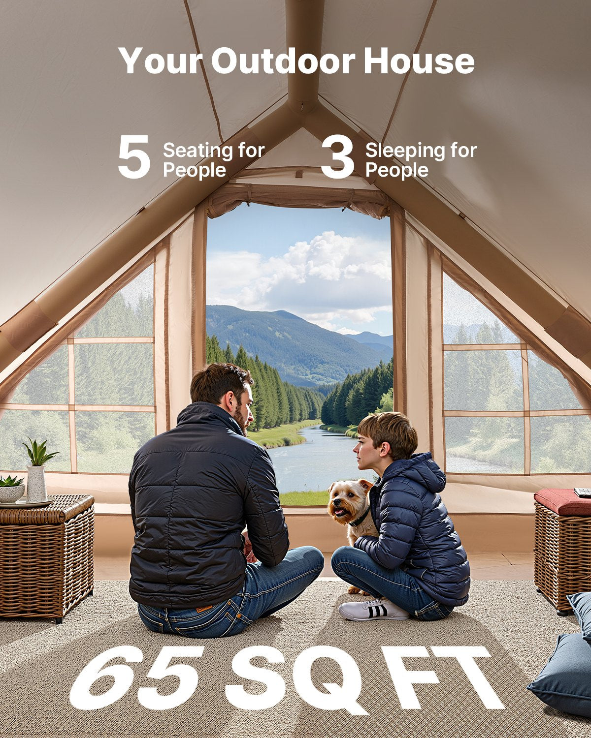 Inflatable Tents for Camping, 3-5 Person Easy Setup Blow up Tent with Hand Pump, 300D Oxford 4 Season Glamping Tent with Canopy, Stove Jack, 2 Doors & 2 Mesh Windows (Storage Bag Included)