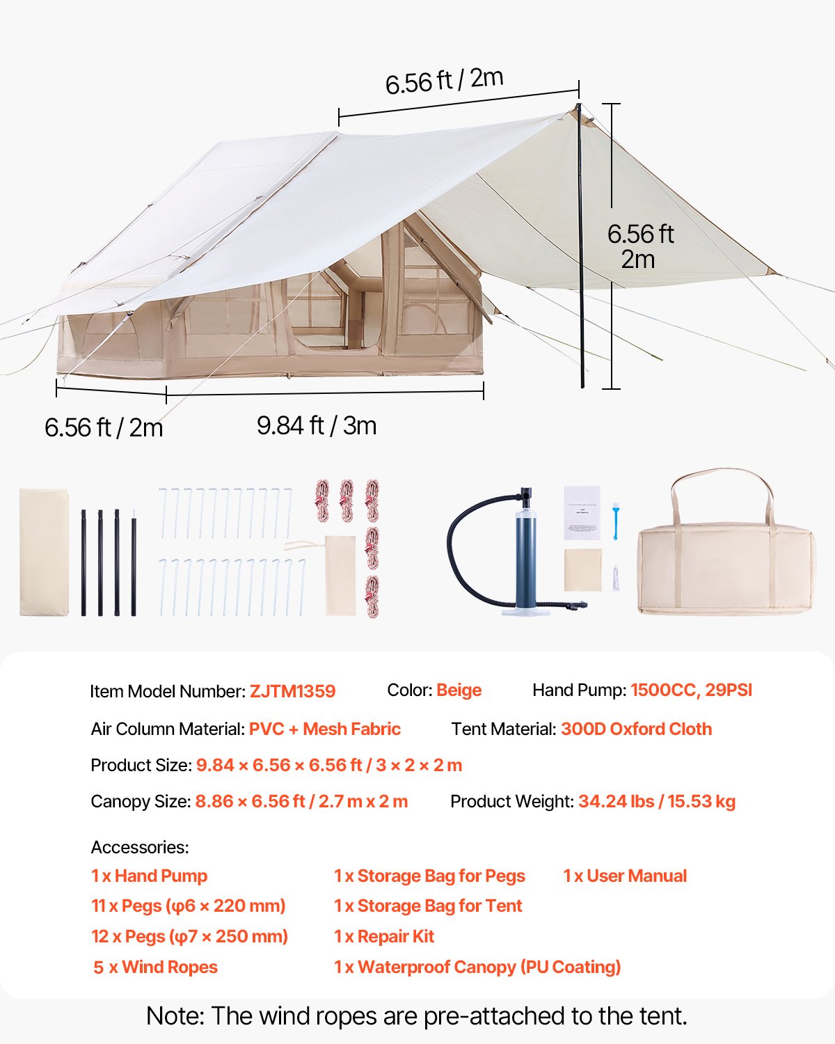 Inflatable Tents for Camping, 3-5 Person Easy Setup Blow up Tent with Hand Pump, 300D Oxford 4 Season Glamping Tent with Canopy, Stove Jack, 2 Doors & 2 Mesh Windows (Storage Bag Included)