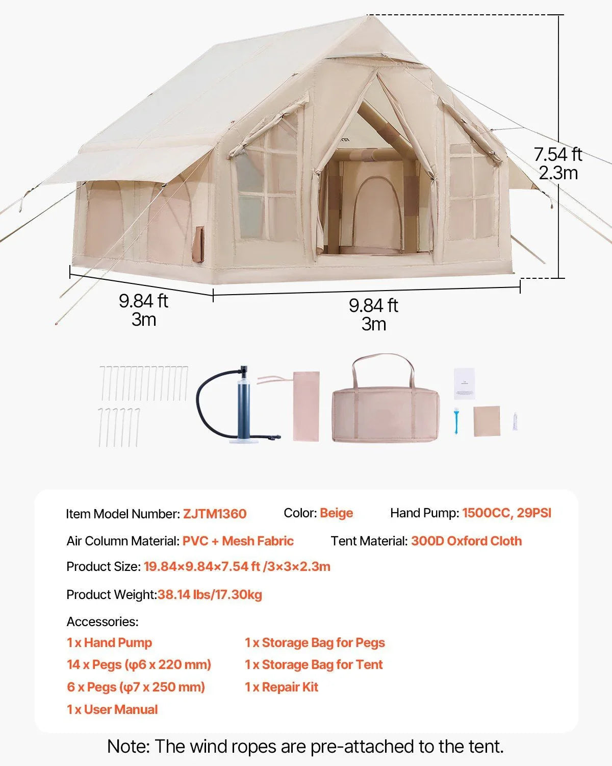 Inflatable Tents for Camping, 4-6 Person Easy Setup Blow up Tent with Hand Pump, 300D Oxford 4 Season Glamping Tent with Stove Jack 2 Doors & 4 Mesh Windows, Storage Bag Included for Easy Taking