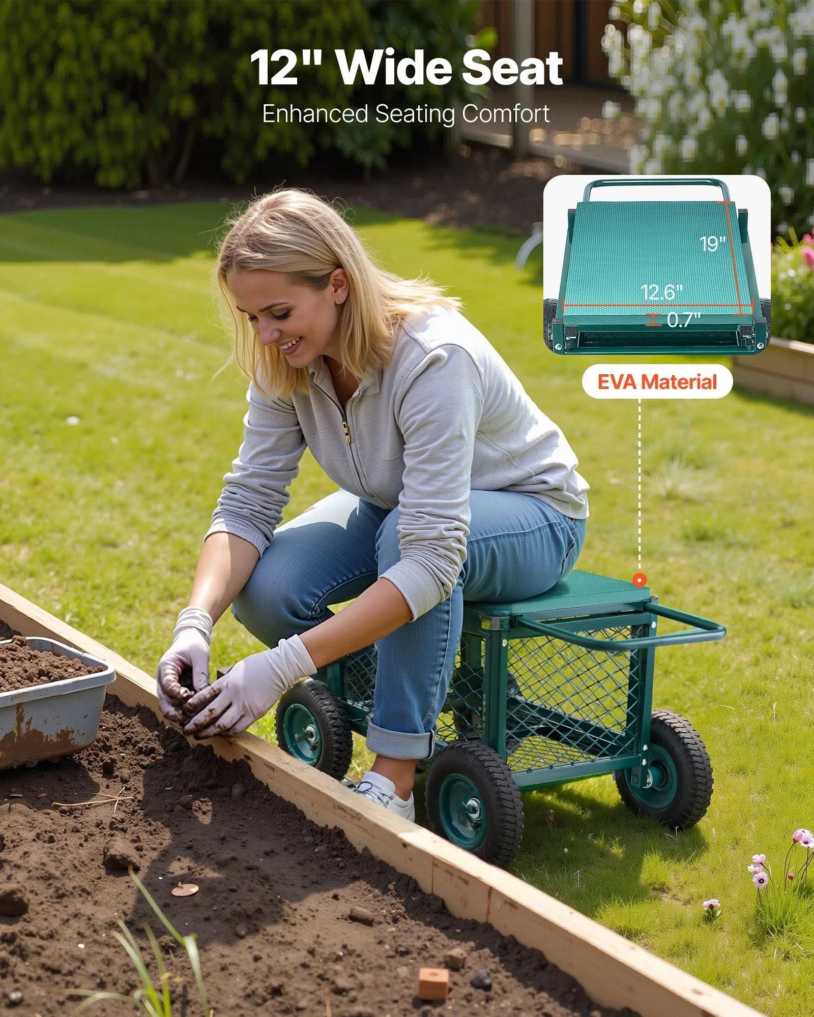 Rolling Garden Cart with Seat, Metal Rolling Garden Work Seat with Wheels, Supports up to 181 kg, Heavy Duty Gardening Cart Scooter, Outdoor Wagon & Stool on Wheels for Lawn, Patio, Backyard