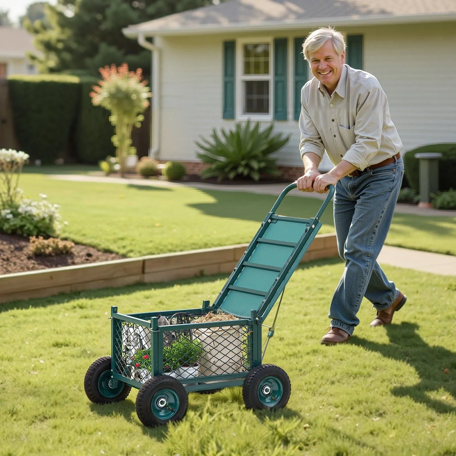 Rolling Garden Cart with Seat, Metal Rolling Garden Work Seat with Wheels, Supports up to 181 kg, Heavy Duty Gardening Cart Scooter, Outdoor Wagon & Stool on Wheels for Lawn, Patio, Backyard