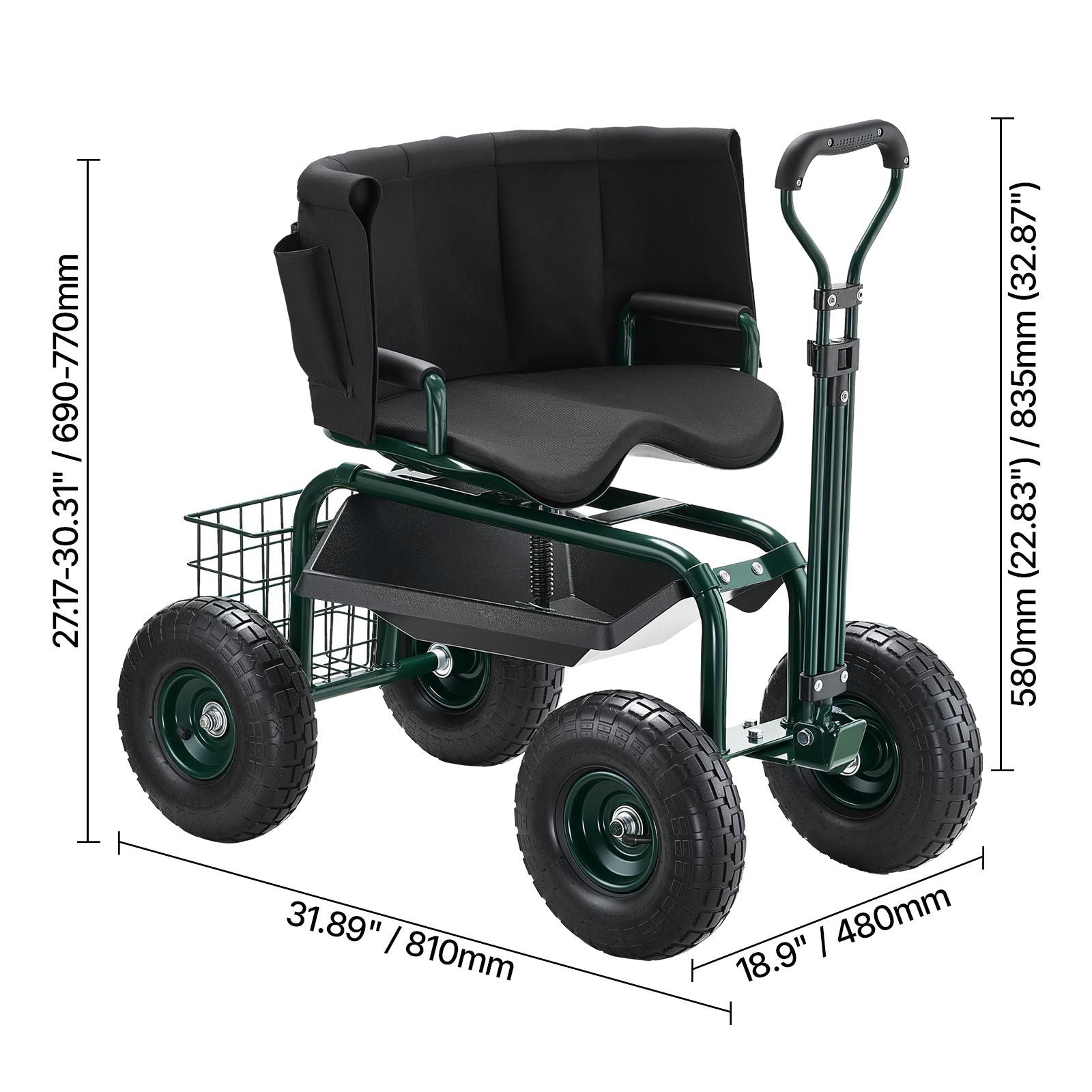 Rolling Garden Cart with Swivel Seat Wheels Extendable Handle Storage Box